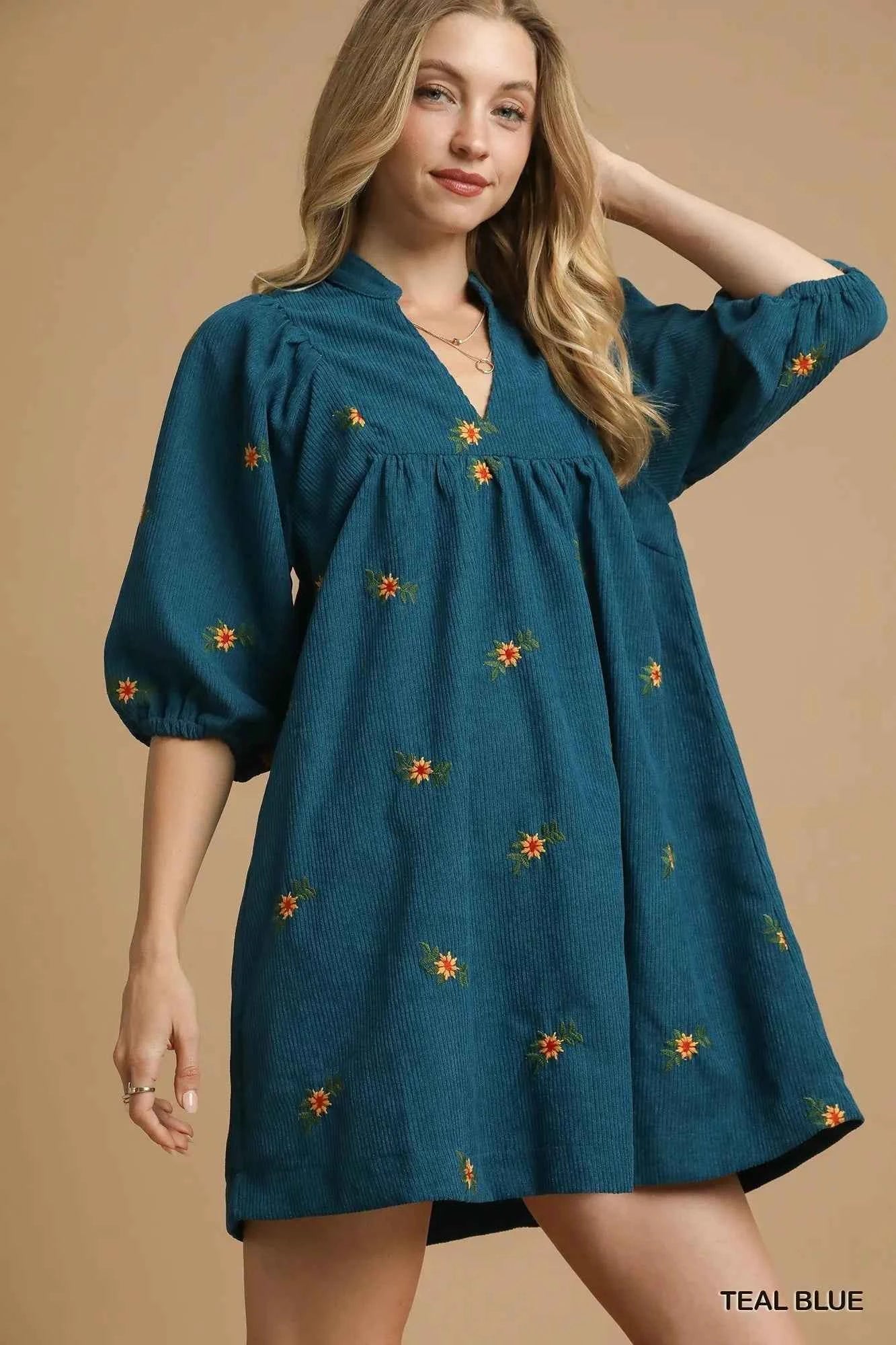 Umgee Corduroy Babydoll Dress with Floral Embroidery TEAL BLUE 2818a91a-3f93-4ae1-bb9f-8ce20c75f27f-Max-Origin