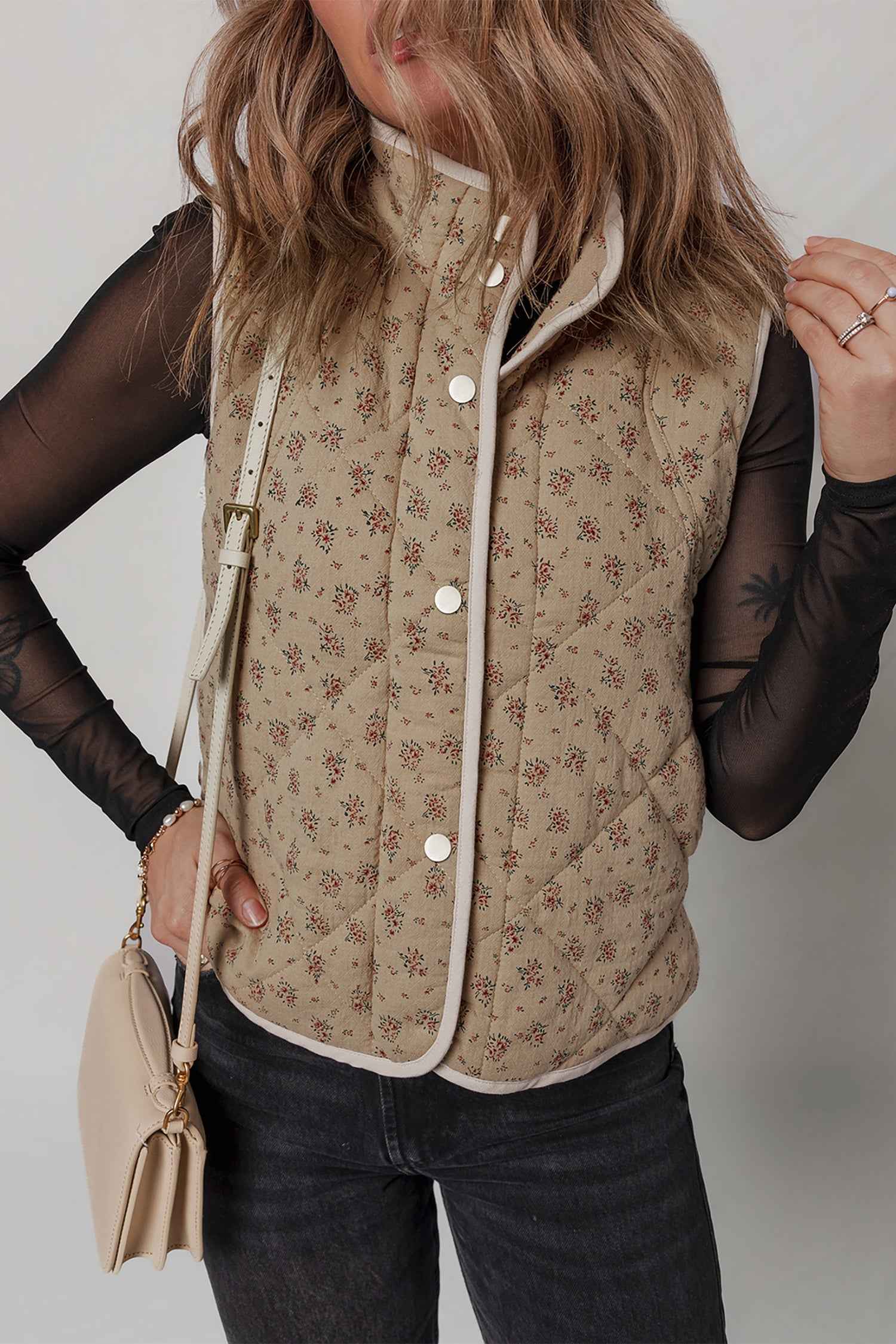 Khaki Floral Print Quilted Concealed Button Vest 2819371182545b88
