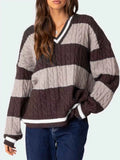 Striped Cable Knit V-Neck Sweater Brown 281d44f3-2994-422f-aa59-4c189eb4c969-Max-Origin