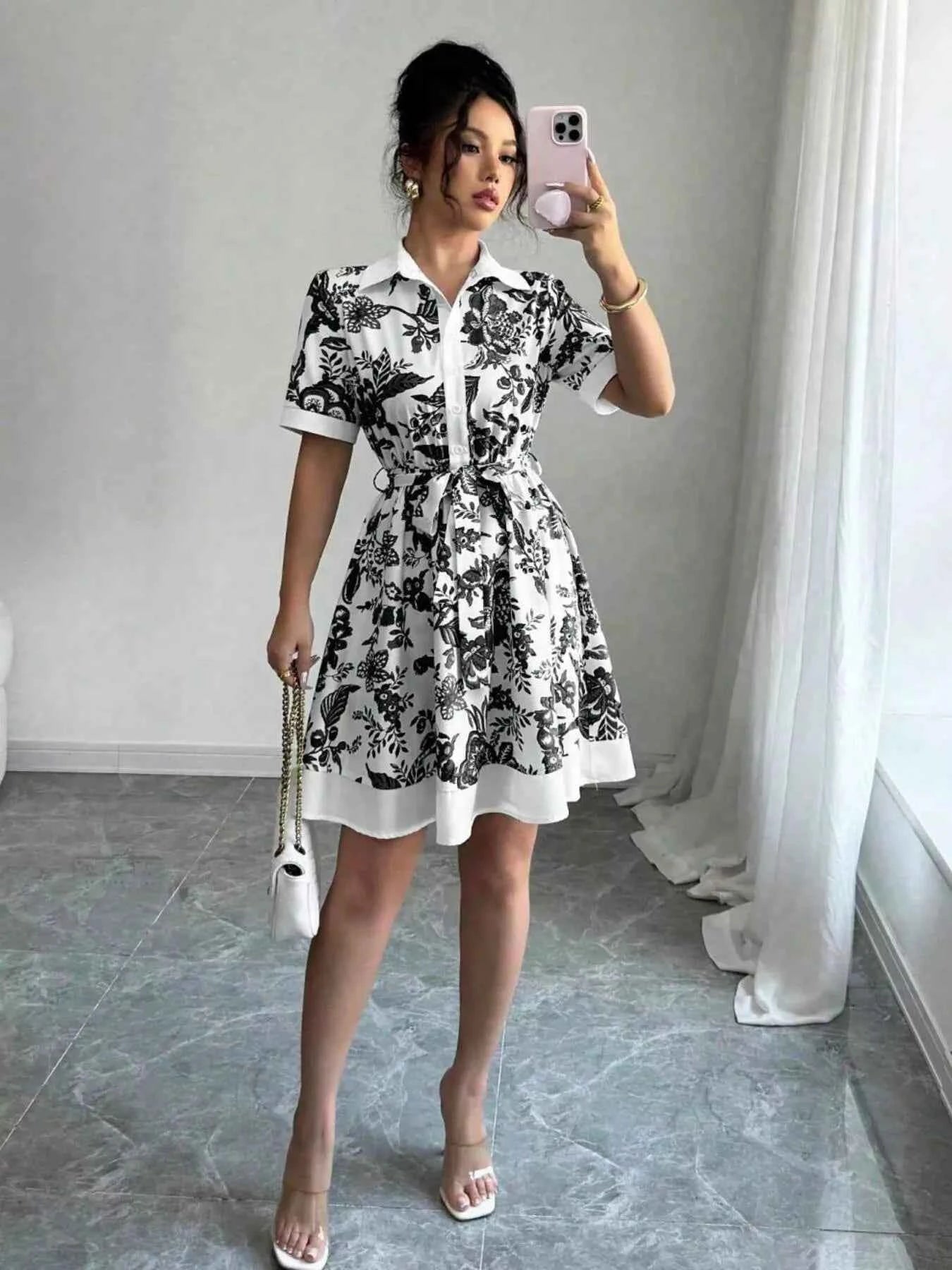 Floral Print Button-Front Shirt Dress Black 282185b2a8f94acaad7b3507710d5e18-Max-Origin