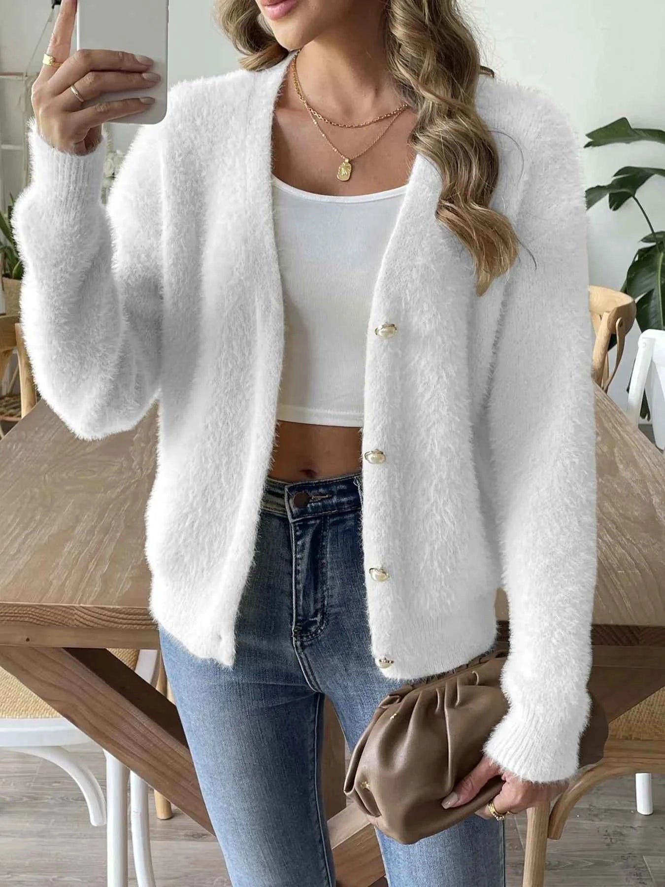 Fuzzy Button-Front Cardigan White 2822277c51ad443ab4019642cfad25a4-Max-Origin