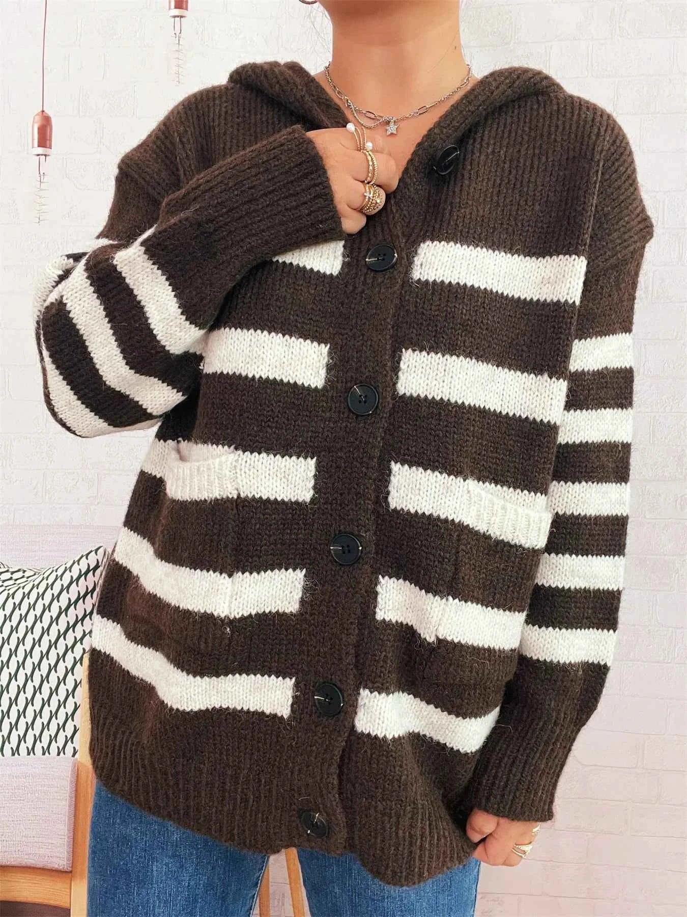 Striped Button-Up Hooded Cardigan Brown One Size 2822d4e88ef744429c250a89d0b03e09-Max-Origin