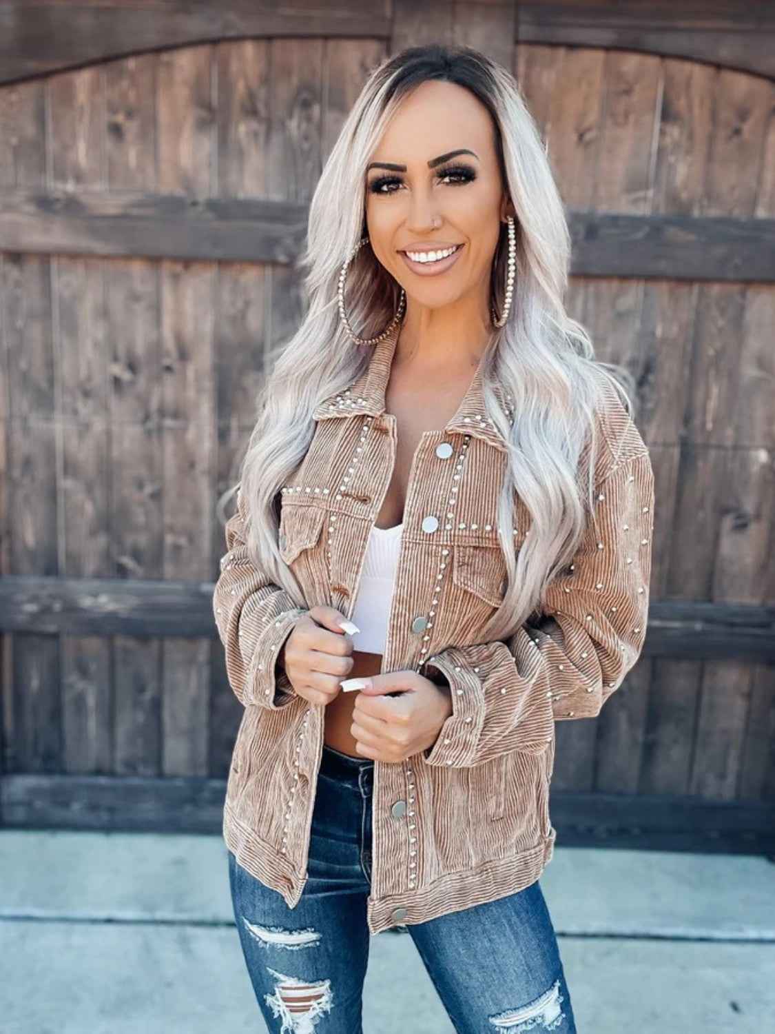 Studded Collared Neck Button Down Jacket 2828a3b19e92402ab0c14cbf64d3811b-Max