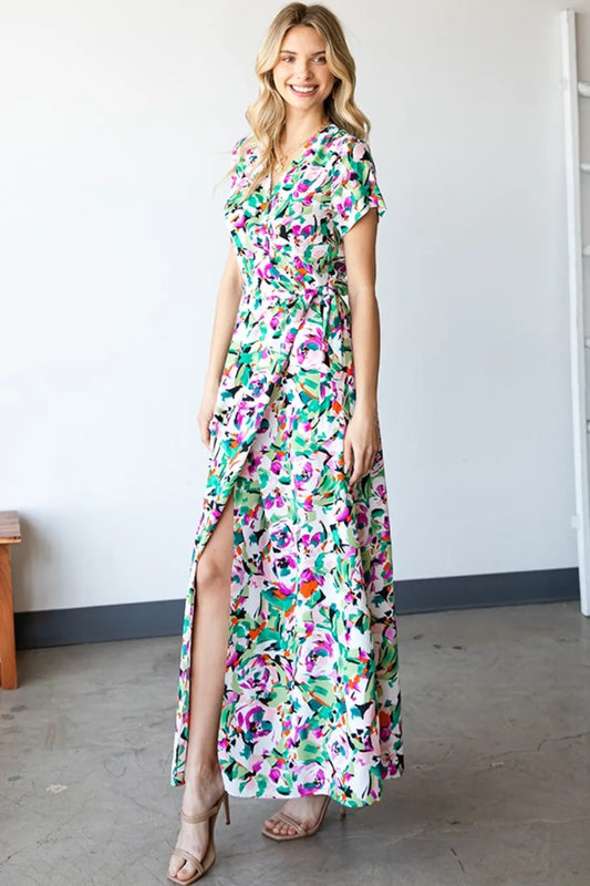 Slit Printed Surplice Tie Waist Short Sleeve Dress 283099f5-0552-4717-8c8f-fd400ac7fb05-Max