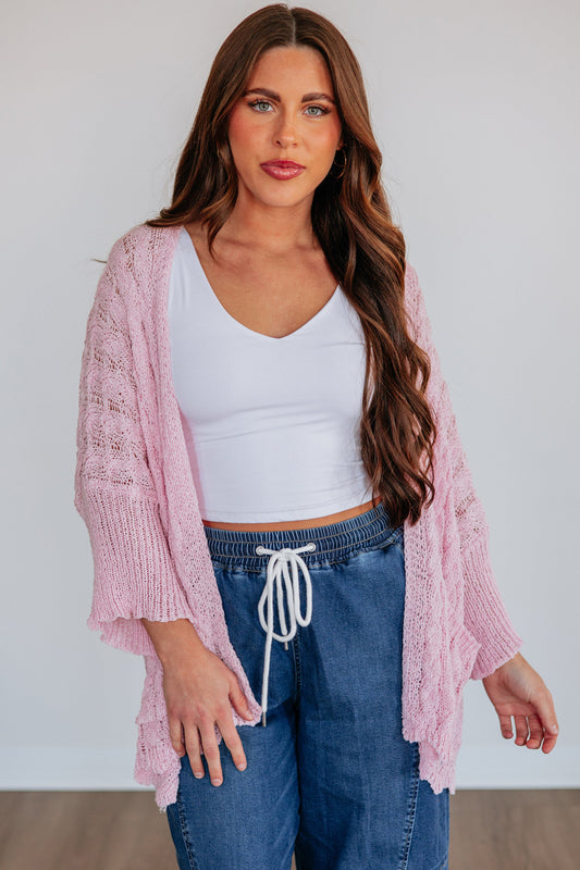 Pink Drop Shoulder Crochet Knit Open Front Cardigan 2832ba4627c50235