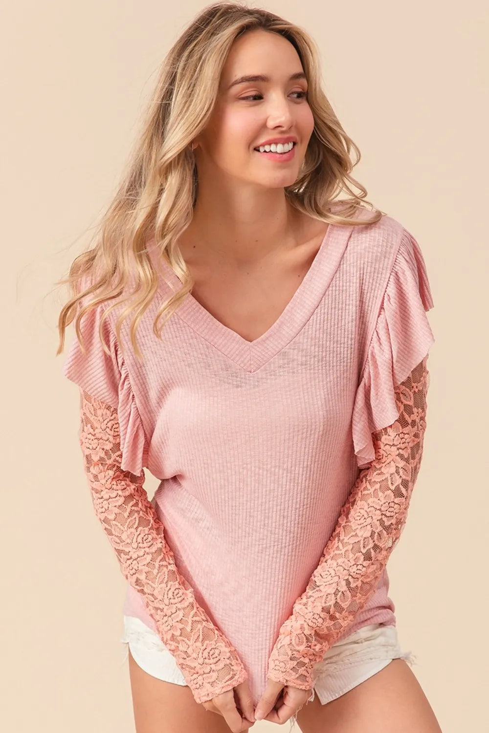 BiBi Ruffled Lace Sleeve Rib Knit Top Blush Pink 2837cdd7-bca8-4429-910f-2b0c589be61a-Max