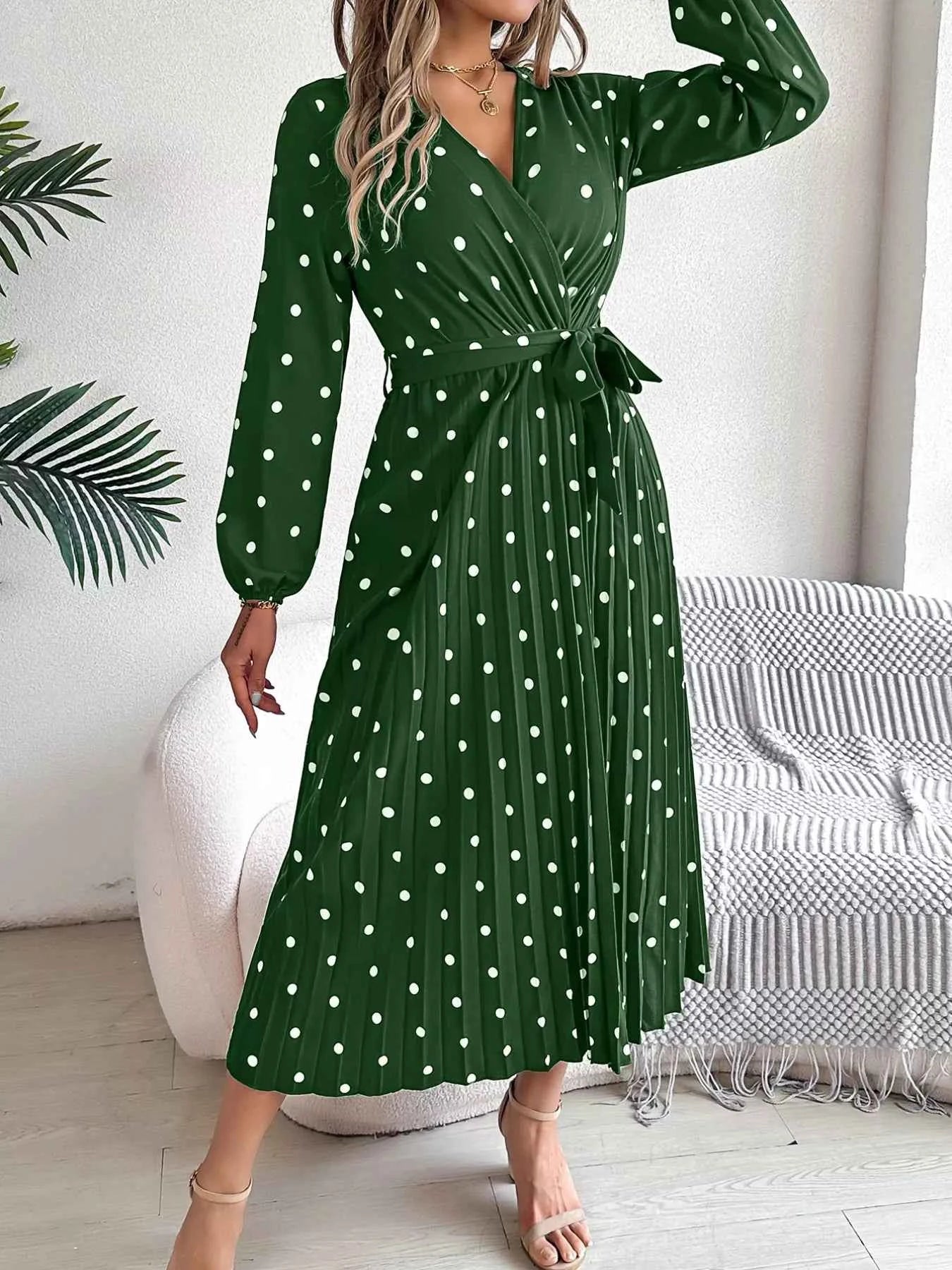 Front Tie Polka Dot Midi Pleated Dress 28392495-ef3b-4f02-843c-ce3b7718f49e-Max-Origin