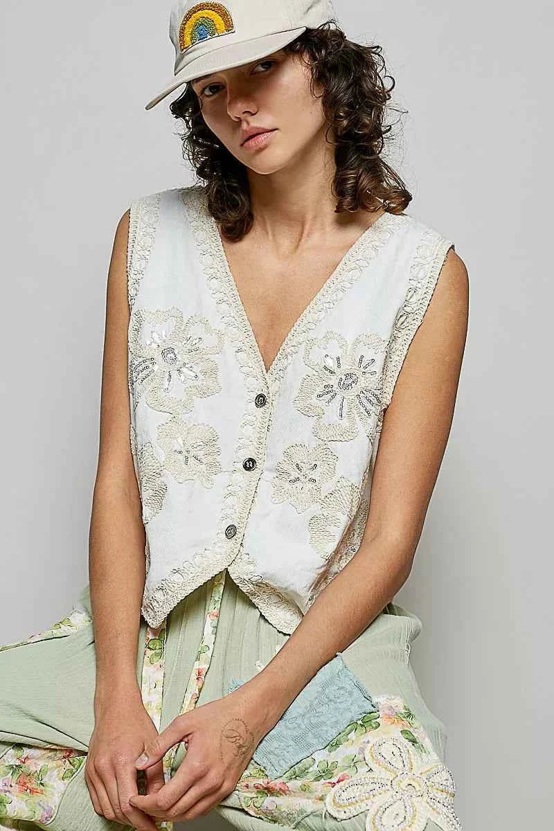 POL Embroidered Floral V-Neck Button Down Crochet Vest WHITE One Size 283c06ff-48e9-49d4-885a-cde658161215-Max-Origin