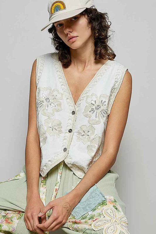 POL Embroidered Floral V-Neck Button Down Crochet Vest WHITE One Size 283c06ff-48e9-49d4-885a-cde658161215-Max-Origin