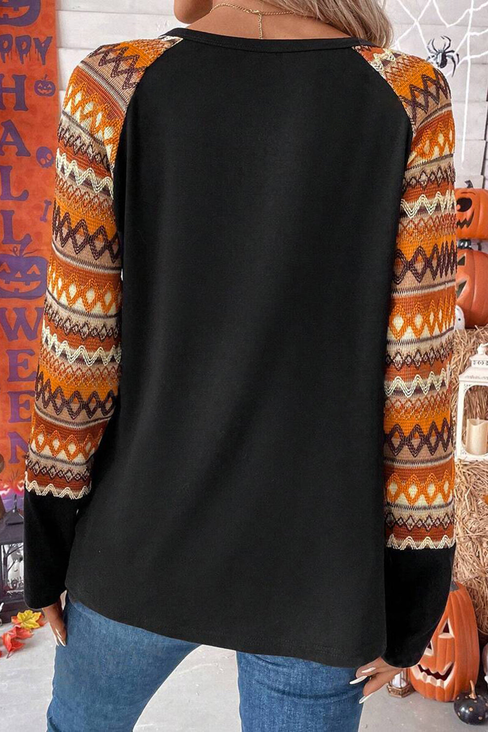 Orange Leopard Pumpkin Sequins Patch Contrast Long Sleeve Top 28411838033b4fdb