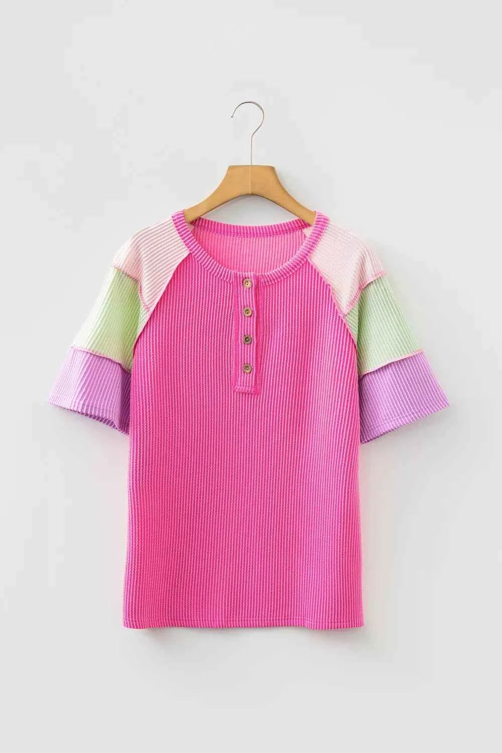 Twisted Ribbed Color Block Patchwork Henley Short Sleeve T Shirt 2842a4aa-9317-43dc-83ee-ebc4d1abdb7e-Max-Origin