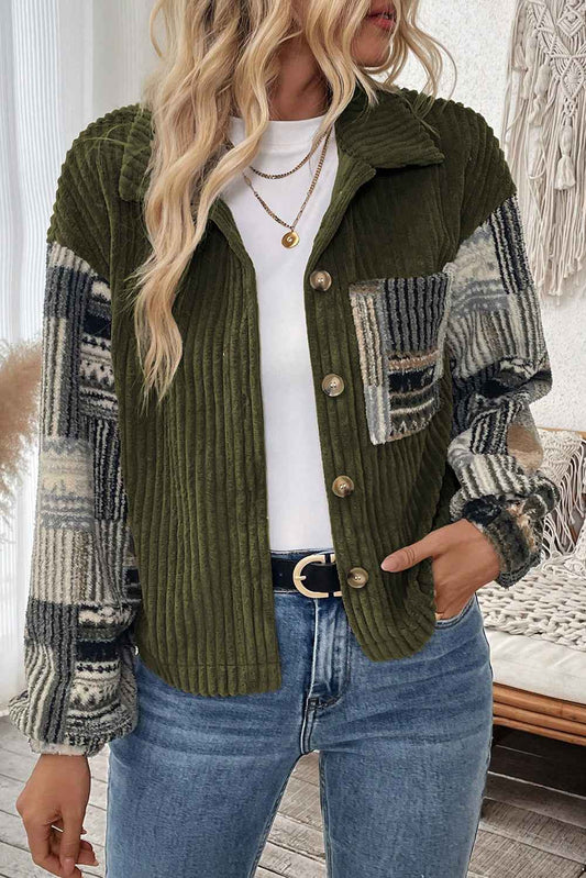 Jungle Green Ribbed Fleece Plaid Print Patchwork Button Up Jacket 284563cfdd0134c9