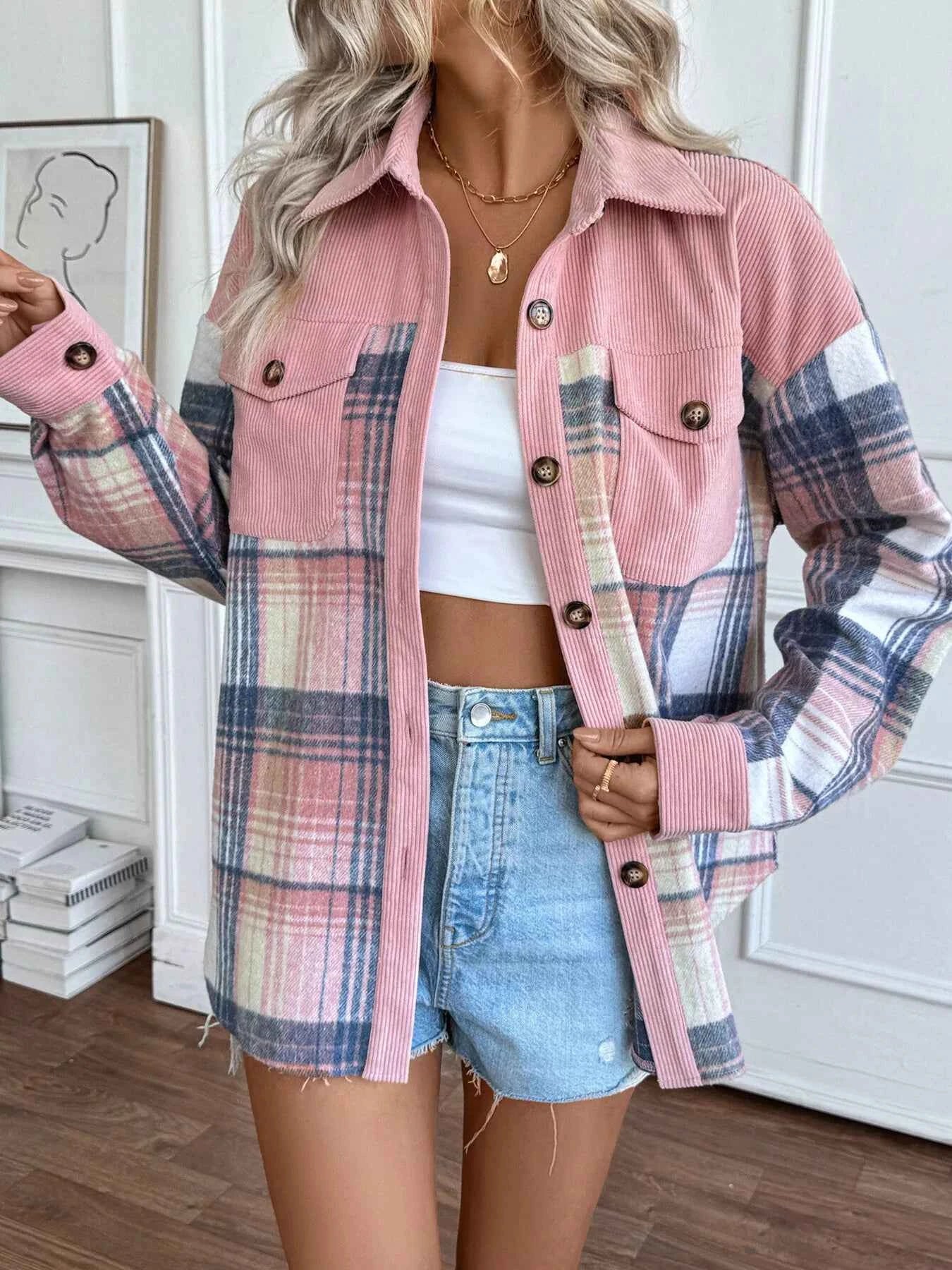Plaid Button-Up Shacket with Chest Pockets Pink 2845fbe3f539494c9d1e27847ee3a150-Max-Origin