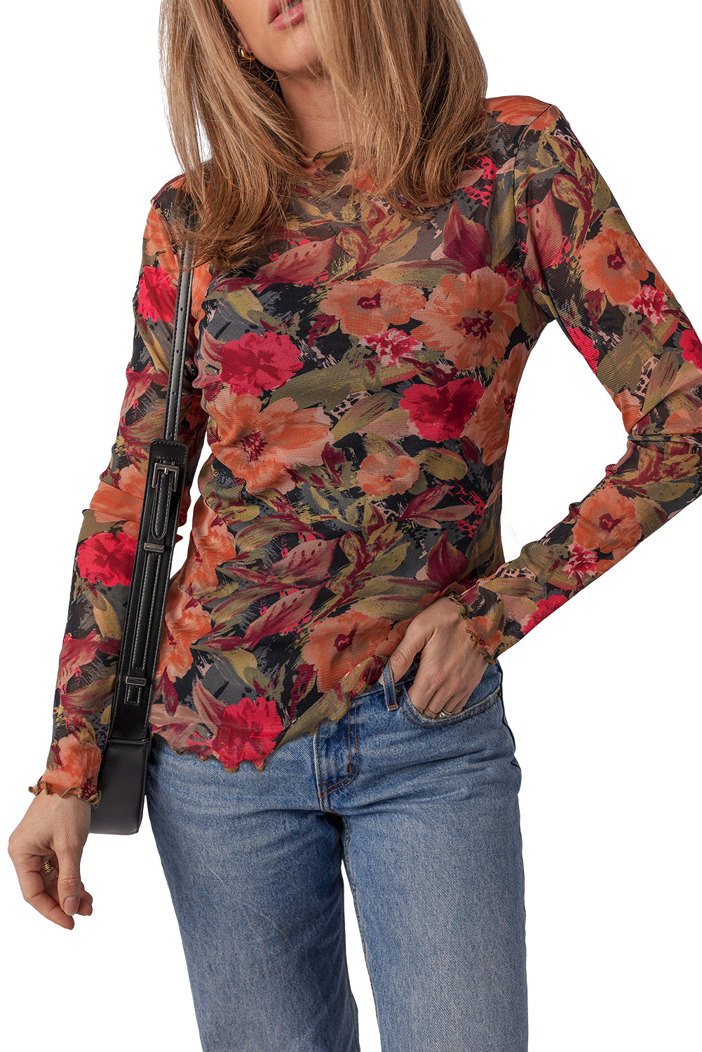 Multicolour Floral Print Lettuce Trim Long Sleeve Mesh Top 2848a6863c802872
