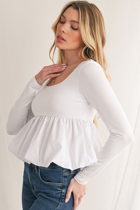 White Elegant Scoop Neck Bubble Hem Long Sleeve Top 284da03114047c97