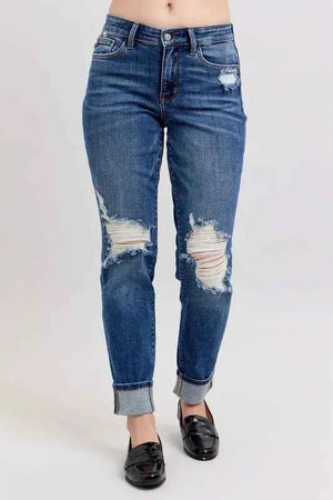 Full Size Mid Rise Boyfriend destroy Jeans with Yoke Pockets and Faux Selvedge Cuff Plus Size DK 284e9f9feef24ed6a68404ac81f1dbbf-Max-Origin