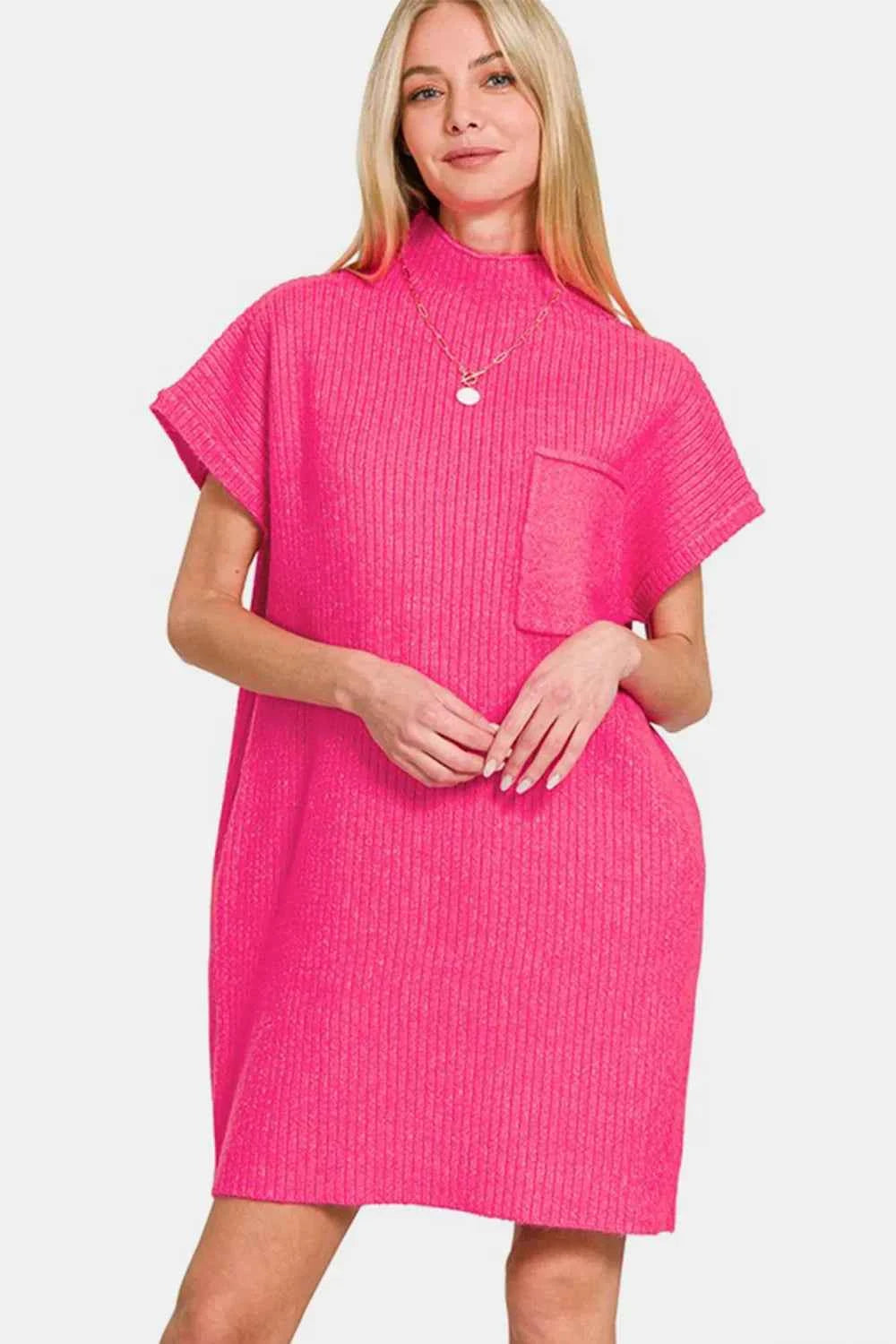 Zenana Short Sleeve Sweater Mini Dress Hot Pink 28522ddc-54e3-4ee2-93ec-bb262d5b0c69-Max