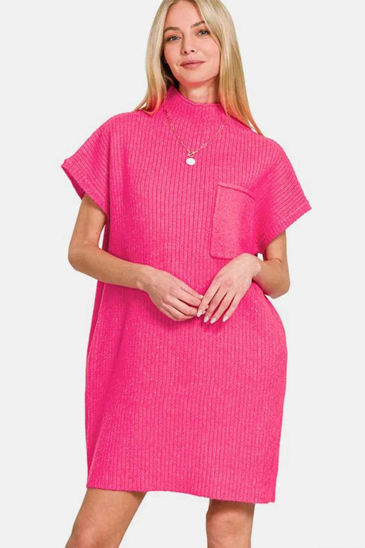 Zenana Short Sleeve Sweater Mini Dress Hot Pink 28522ddc-54e3-4ee2-93ec-bb262d5b0c69-Max