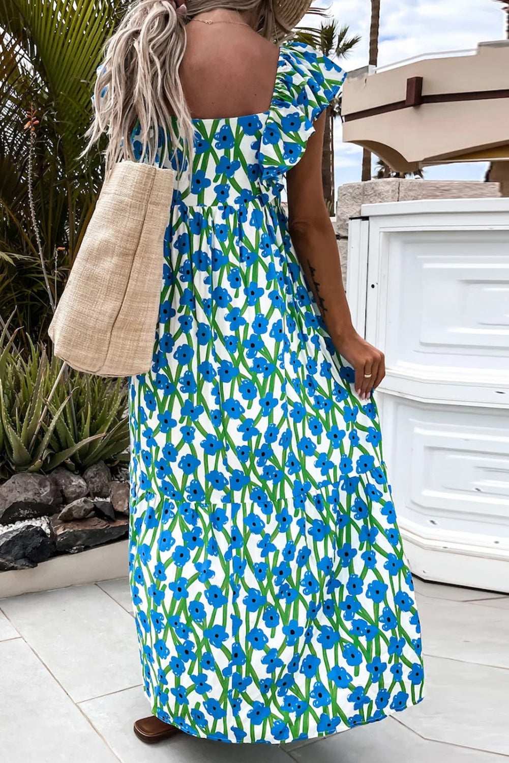 Blue Floral Print Square Neck Ruffled Strap Maxi Dress 28579a206f06984c-_6