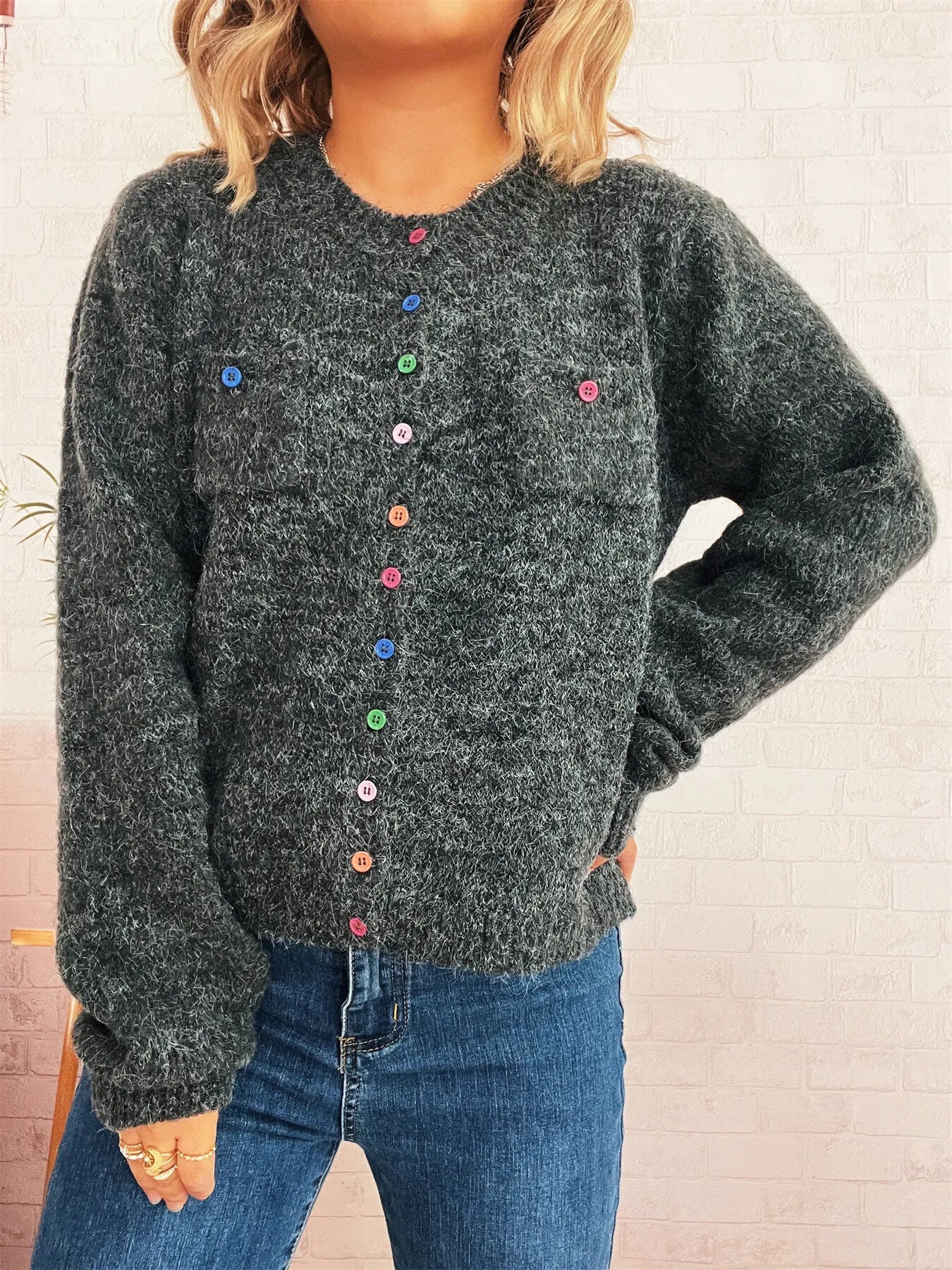Button-Up Ribbed Hem Cardigan with Chest Pocket Dark Gray One Size 285c84c660334088bad94175790b1d47-Max-Origin