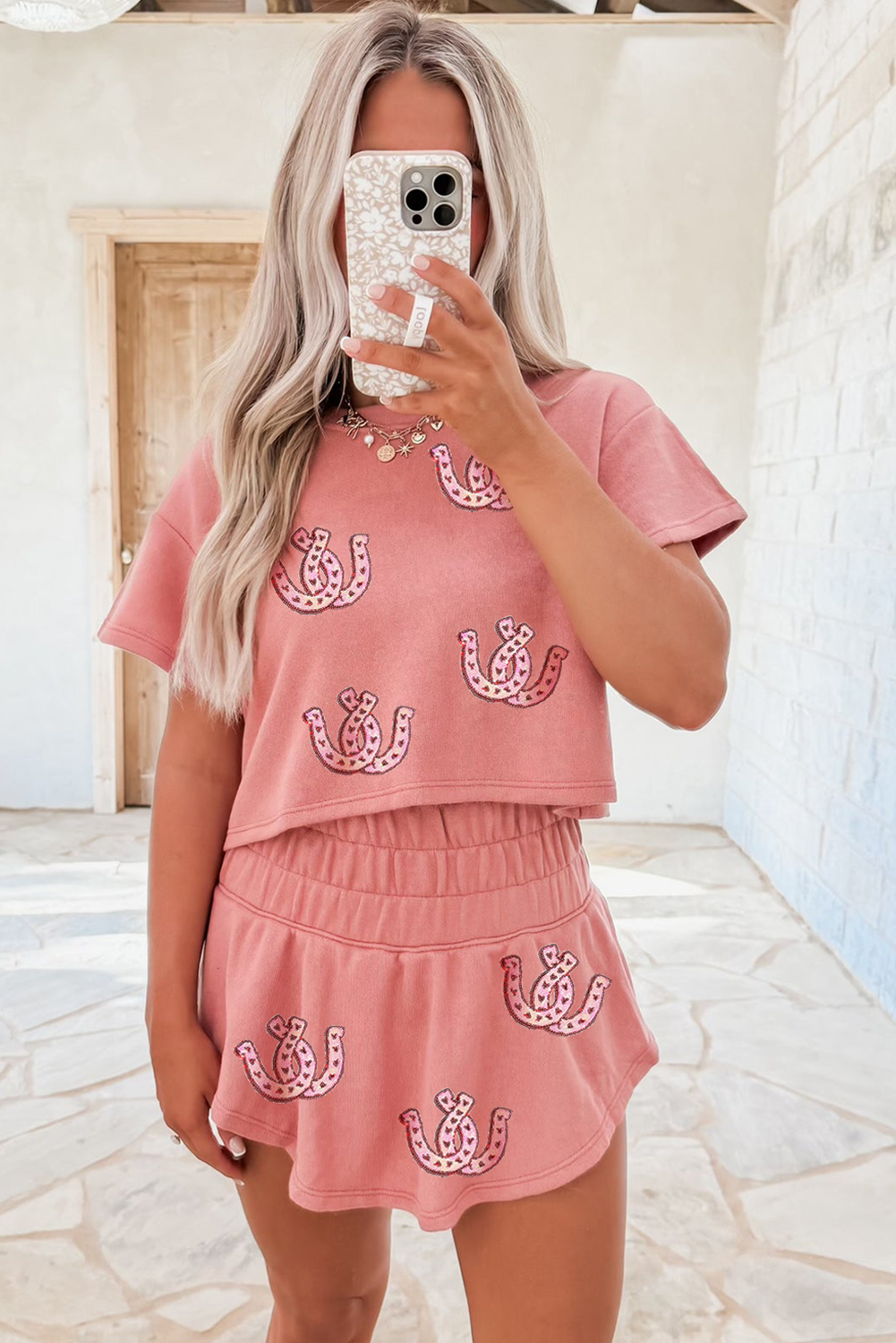 Blossom Sequin Horseshoe Cropped Tee and High Waist Skort Set 28656d1442ebb483