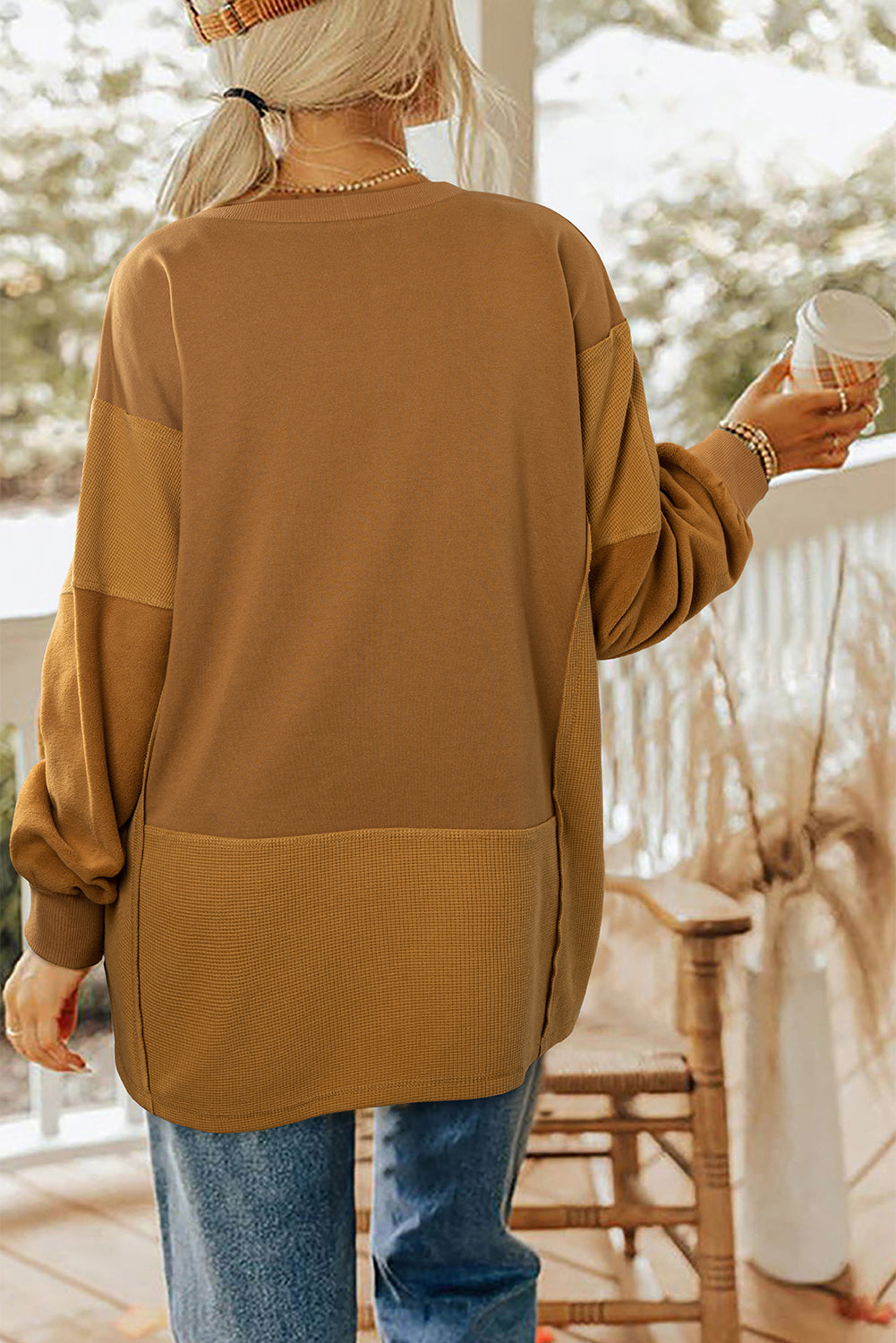 Multicolor Oversized Mixed Textured Split Neck High Low Patchwork Sweatshirt 2866c97e4fcac5f9