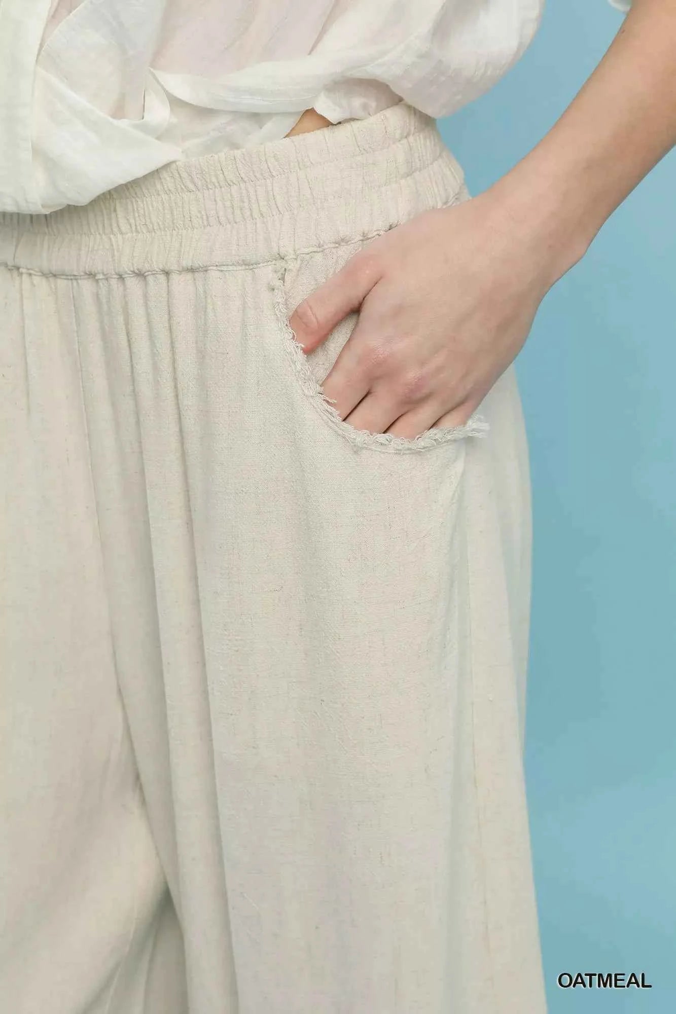 Umgee Lace Trim Fringe Hem Wide Leg Pants