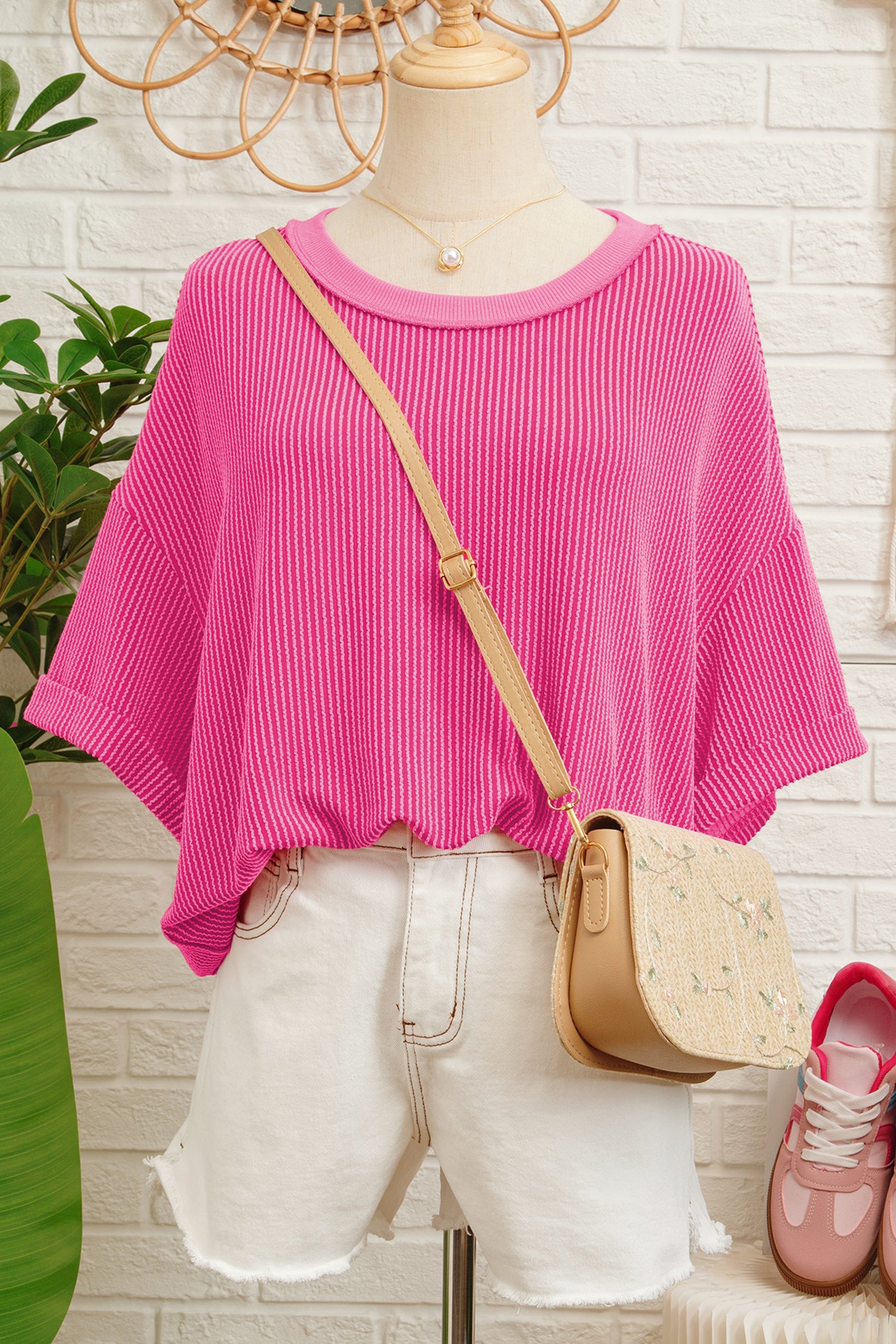 Rose Red Spiral Ribbed Cutout Bow Knot Back Oversize T Shirt 28702f4ca4c7f370