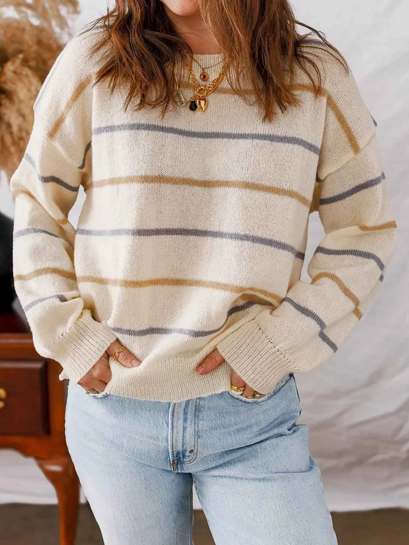 Stripe Striped Ribbed Edge Drop Shoulder Sweater 287494751345416396b09a558599110a-Max-Origin