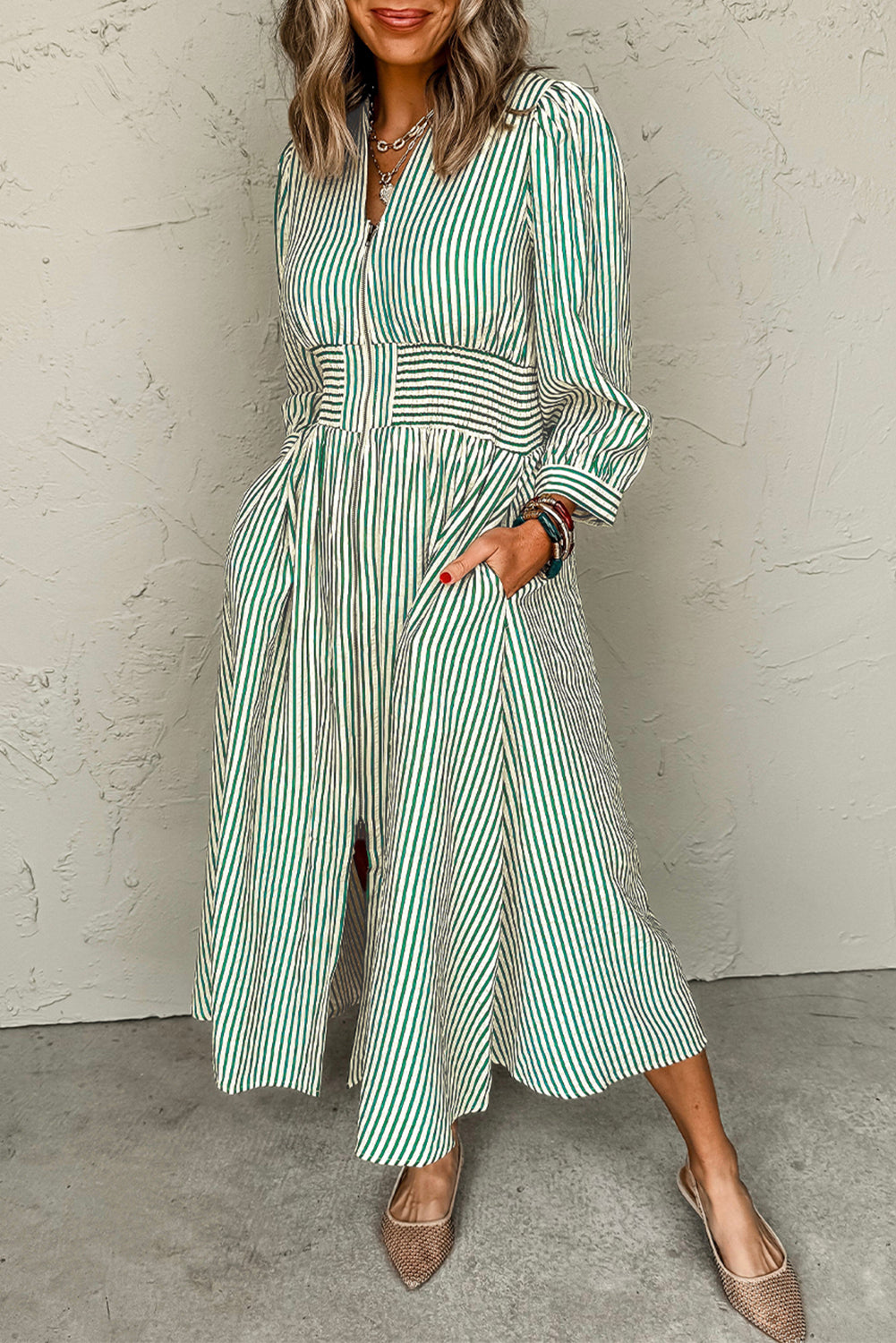 Green Striped V Neck Zip Front Cinched High Waist Midi Dress Green Stripe 60%Polyester+35%Cotton+5%Elastane 287b360b5dff4d10