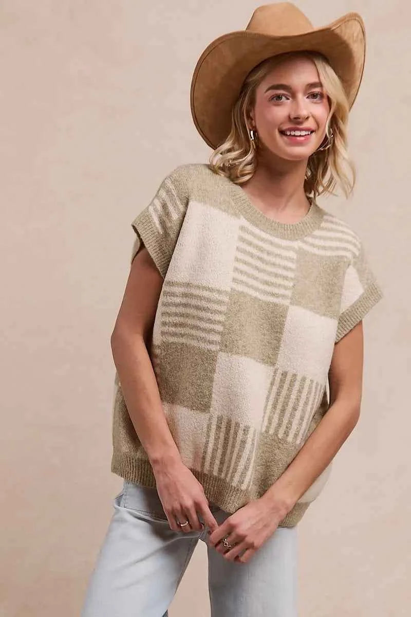BiBi Checker With Stripes Pattern Sleeveless Sweater 287b47f7d73343f1bfea4d07c45d9883-Max-Origin