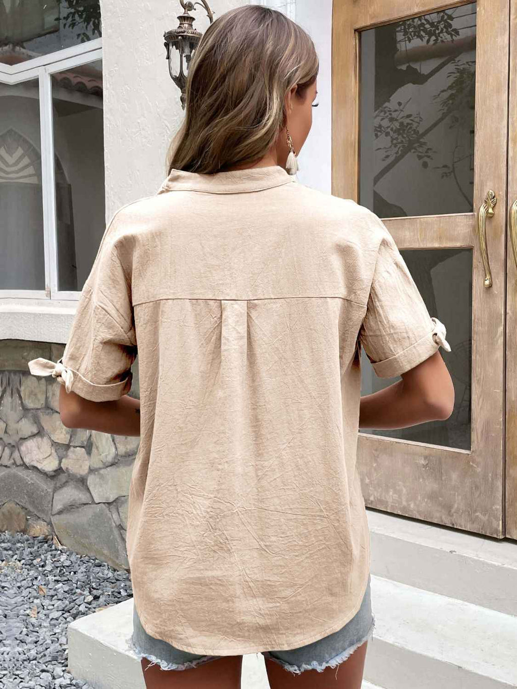 Perfee Buttoned Notched Neck Cuffed Sleeve Blouse 287c81cad8e94545b8de548673cee53d-Max