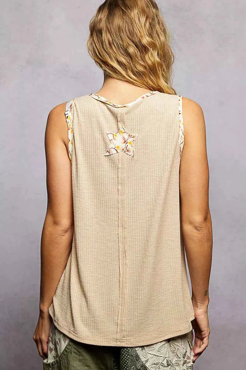 POL Washed Ribbed V-Neck Tank with Floral Print Star Patch 2883d742-4886-4f82-a1b5-82a0f1fefeb2-Max-Origin