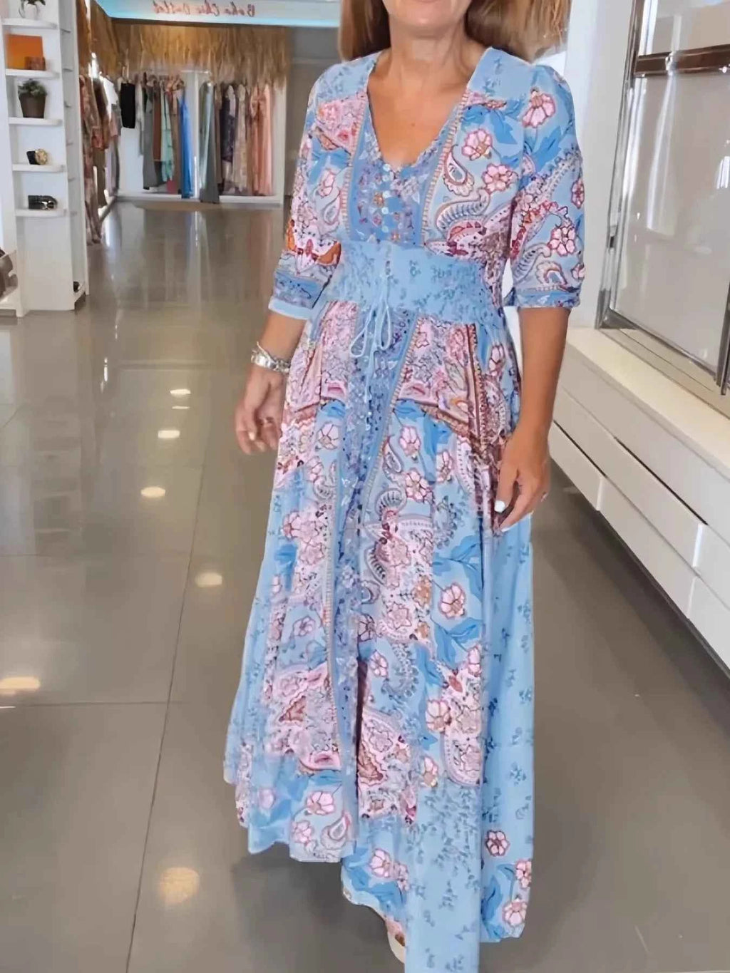 Smocked Printed Half Sleeve Dress 2889210f2e5745a9a61ec3fcaf215f5c-Max-Origin