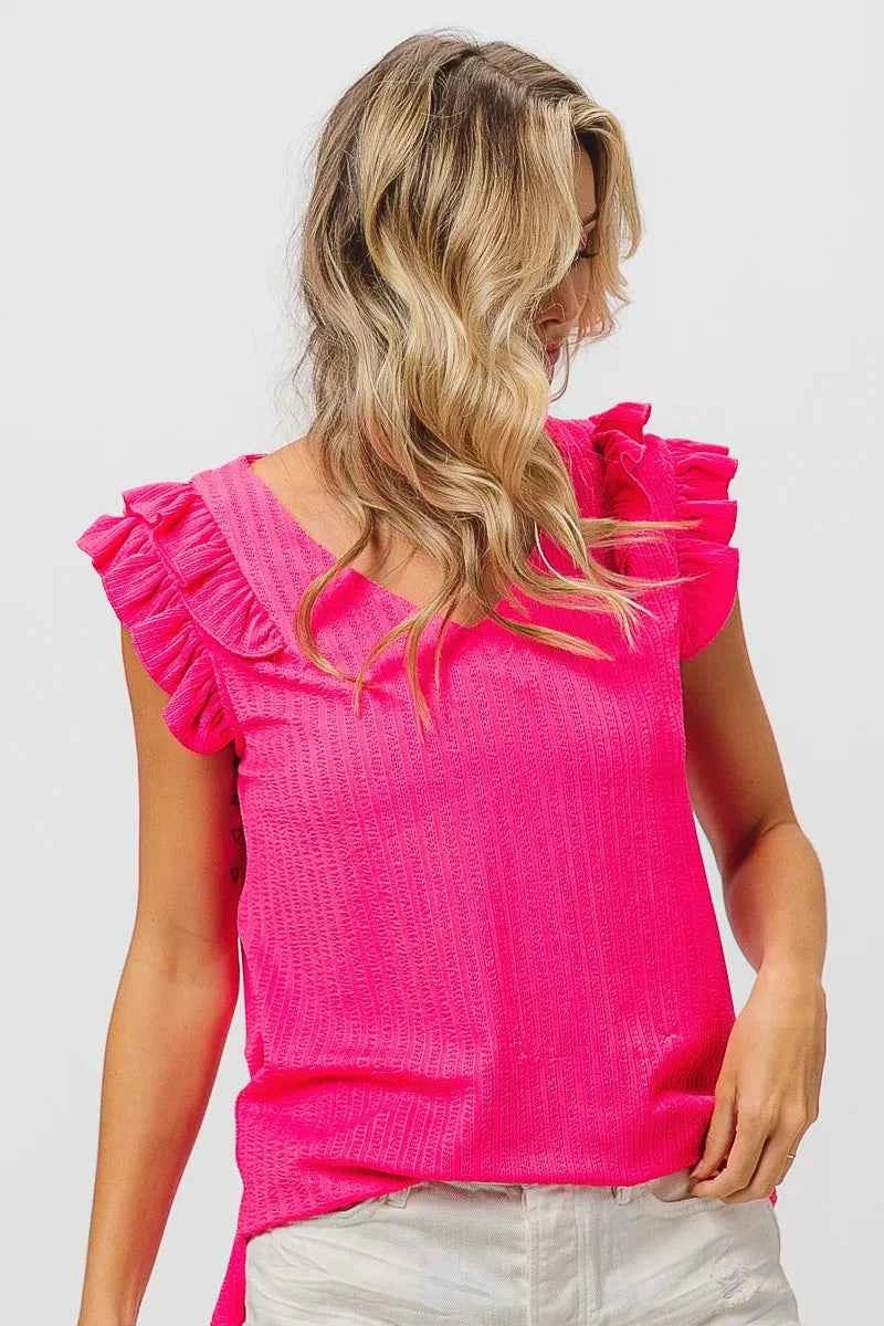 Layered Ruffles Armhole V-neck Rib Textured Top 288f8de5d9ec4b13a9fb3285e027a0da-Max-Origin