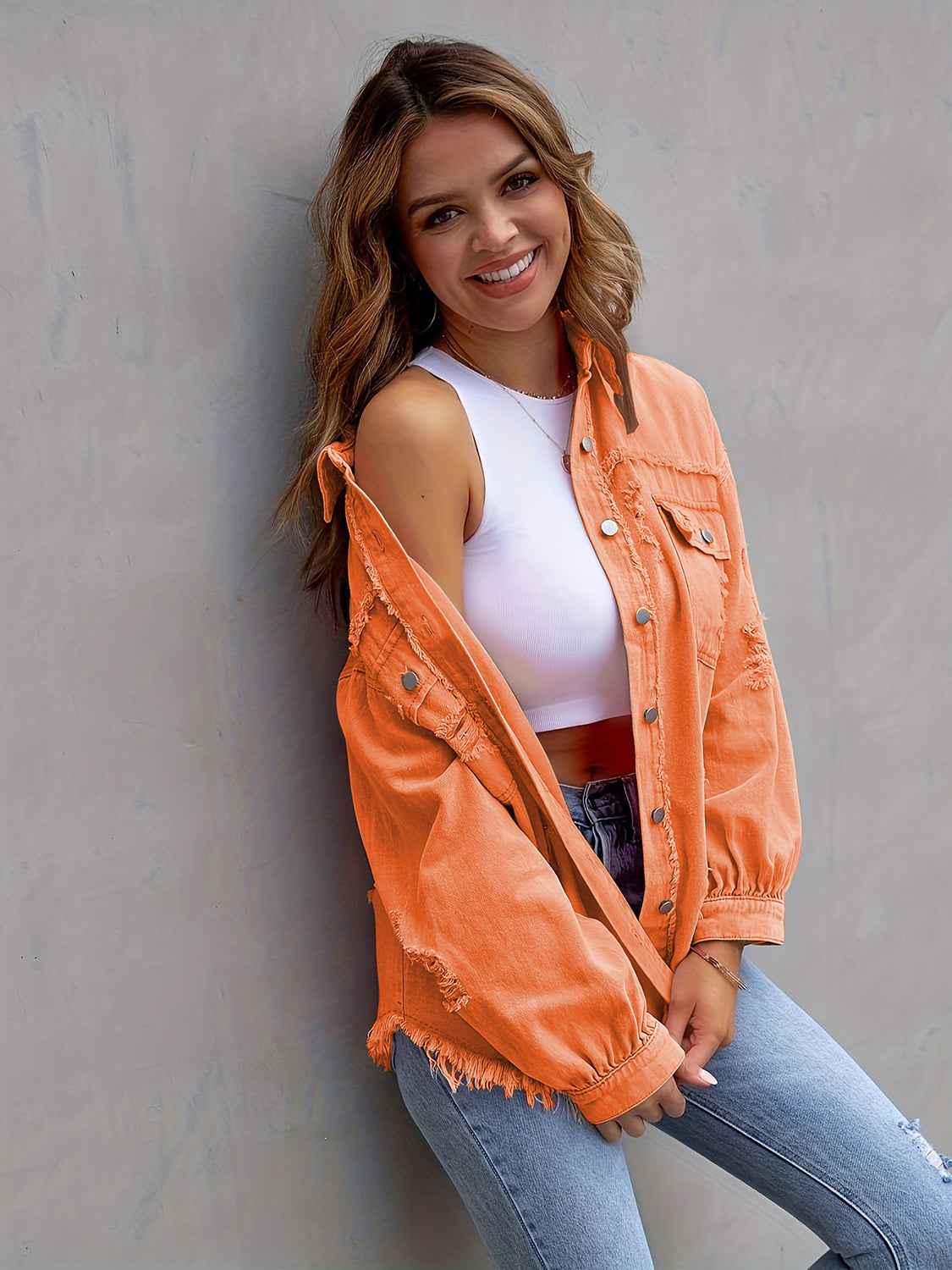 Distressed Drop Shoulder Denim Jacket 288ffec569444c8fa81b8cf80fc31814-Max