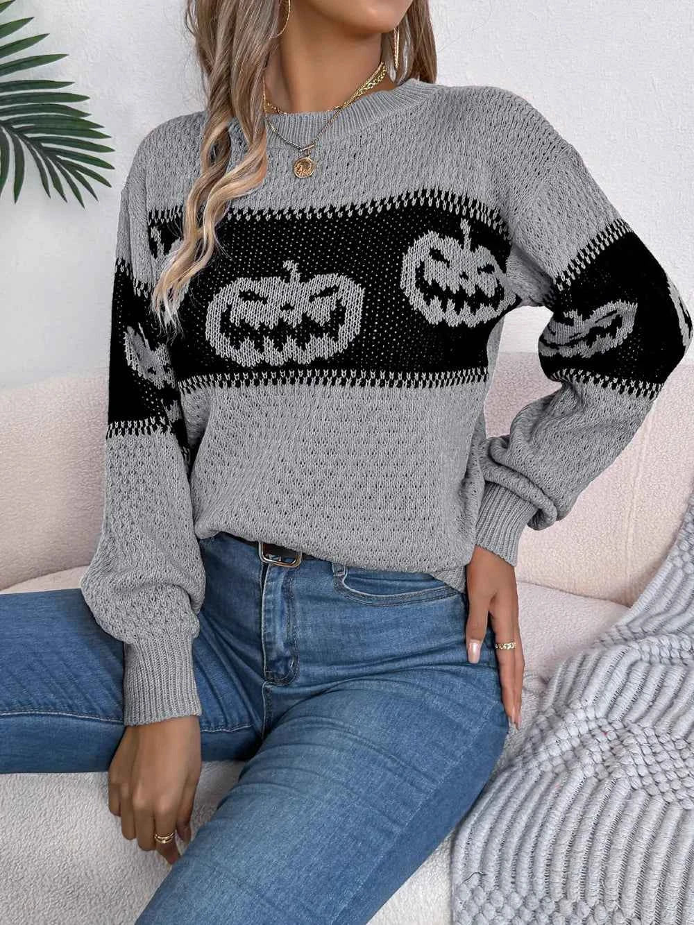 Pumpkin Round Neck Long Sleeve Sweater 28971b0f-6f14-400e-b0d6-bb7d0dad8875-Max