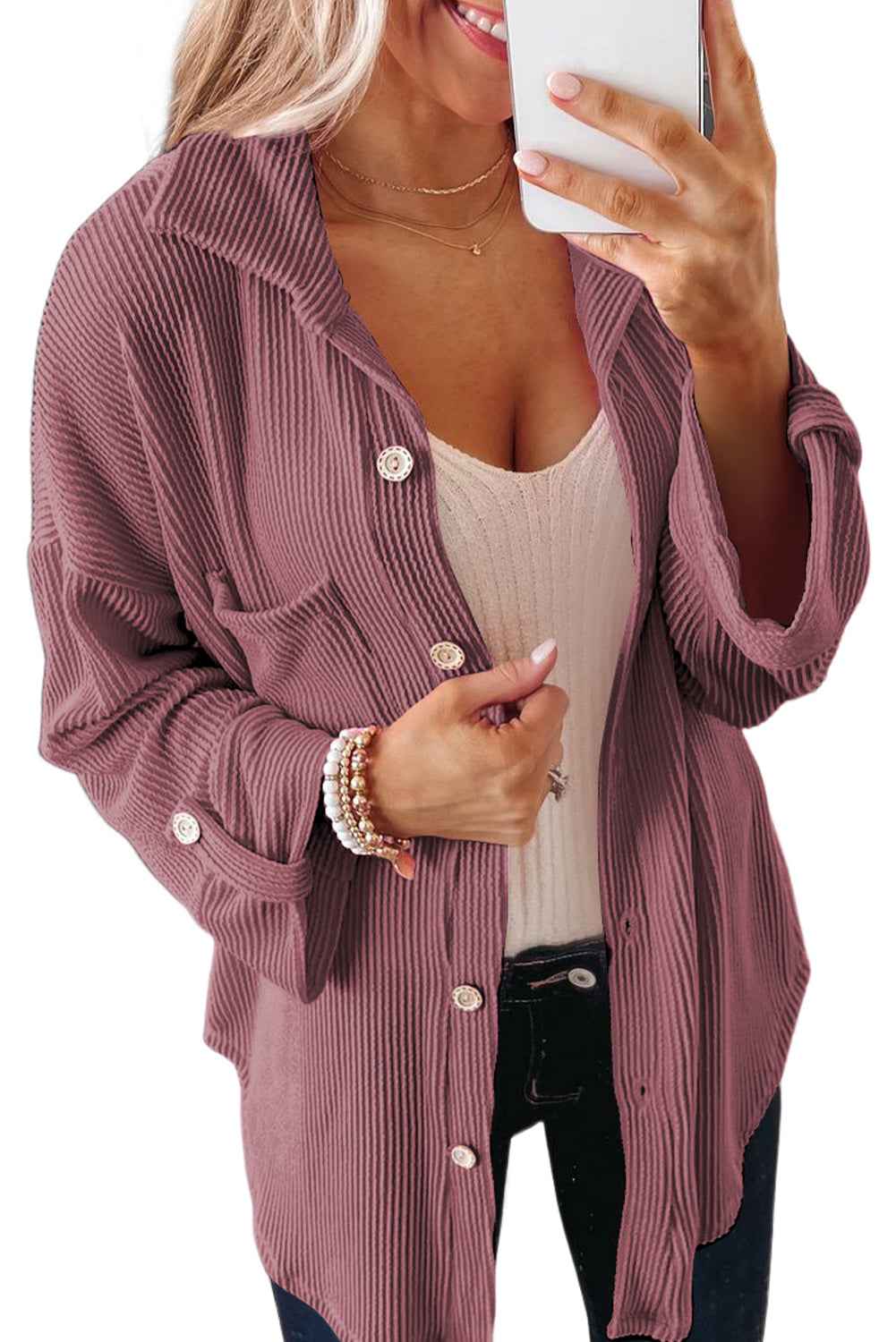 Fiery Red Pink Roll Tab Sleeve Ribbed Cording Shacket 2897efa9f61e0f7d