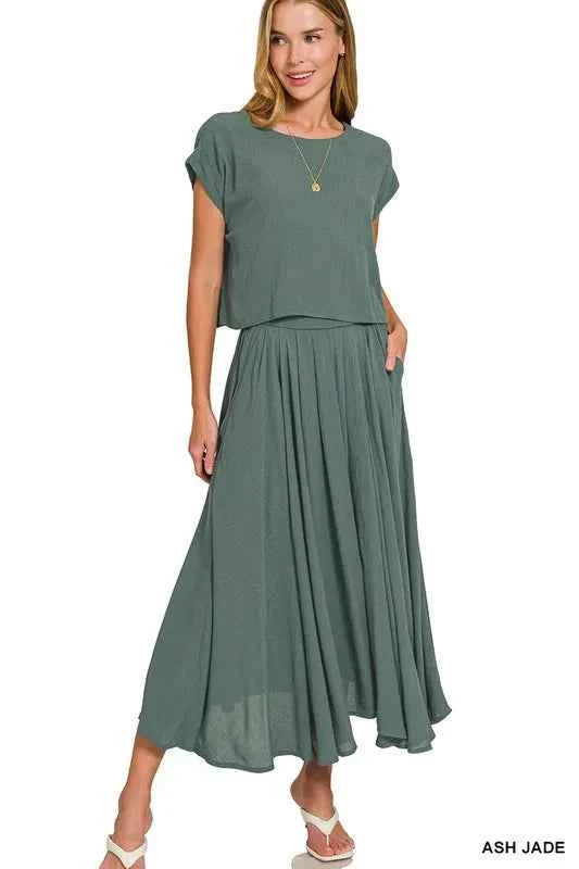 Woven Crinkle Gauze Crop Tee and Skirt Set 289860493e8d48b68483f815539144e2-Max-Origin