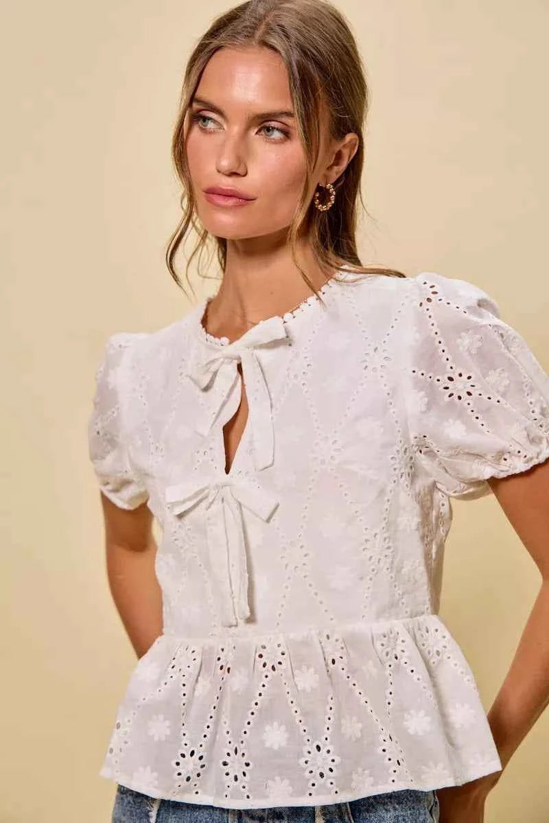 SO ME Cotton Eyelet Front Tie Short Sleeves Blouse 28a331f2780b46939b4313fe3fc91e2e-Max-Origin
