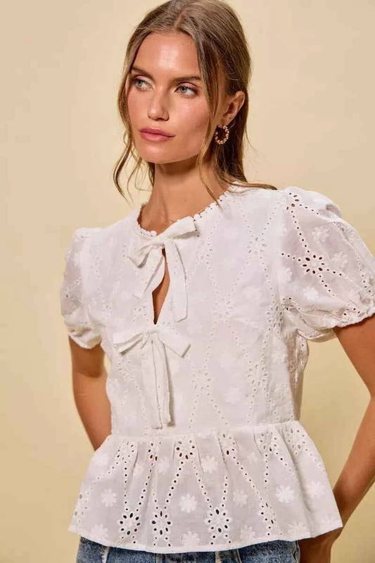 SO ME Cotton Eyelet Front Tie Short Sleeves Blouse 28a331f2780b46939b4313fe3fc91e2e-Max-Origin
