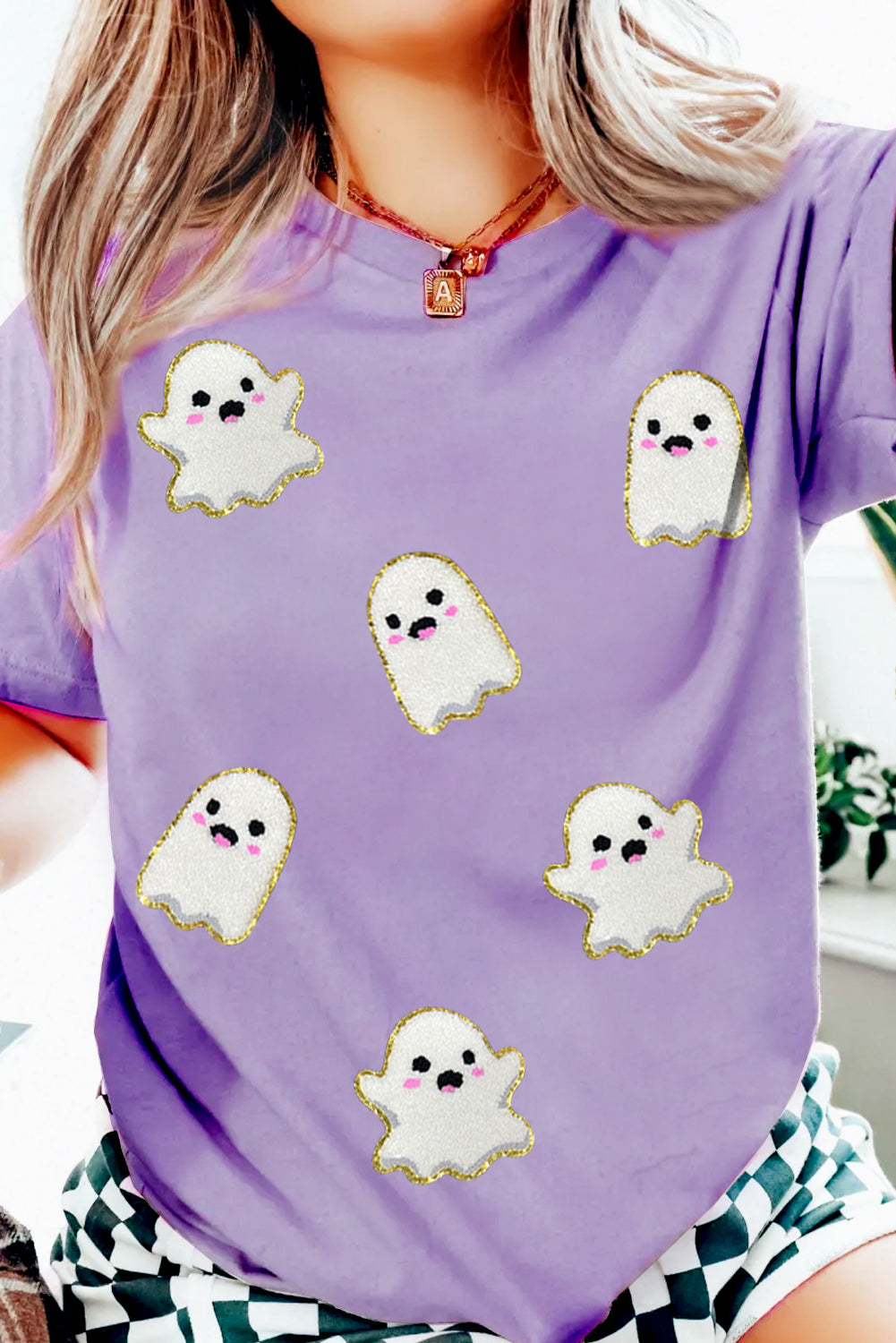 Wisteria Glitter Trim Chenille Ghost Sequins Patch Application Halloween Graphic Tee 28ac1dcebd8ca6df