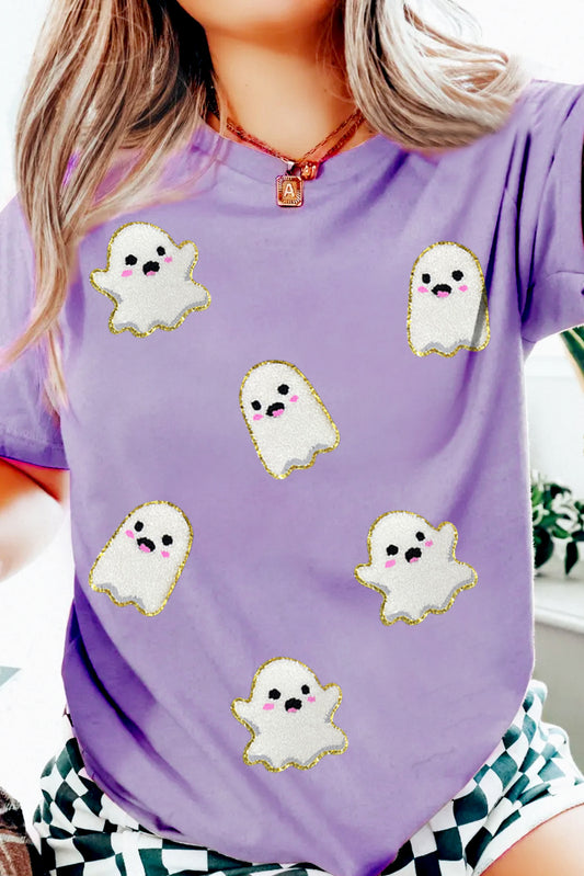 Wisteria Glitter Trim Chenille Ghost Sequins Patch Application Halloween Graphic Tee 28ac1dcebd8ca6df