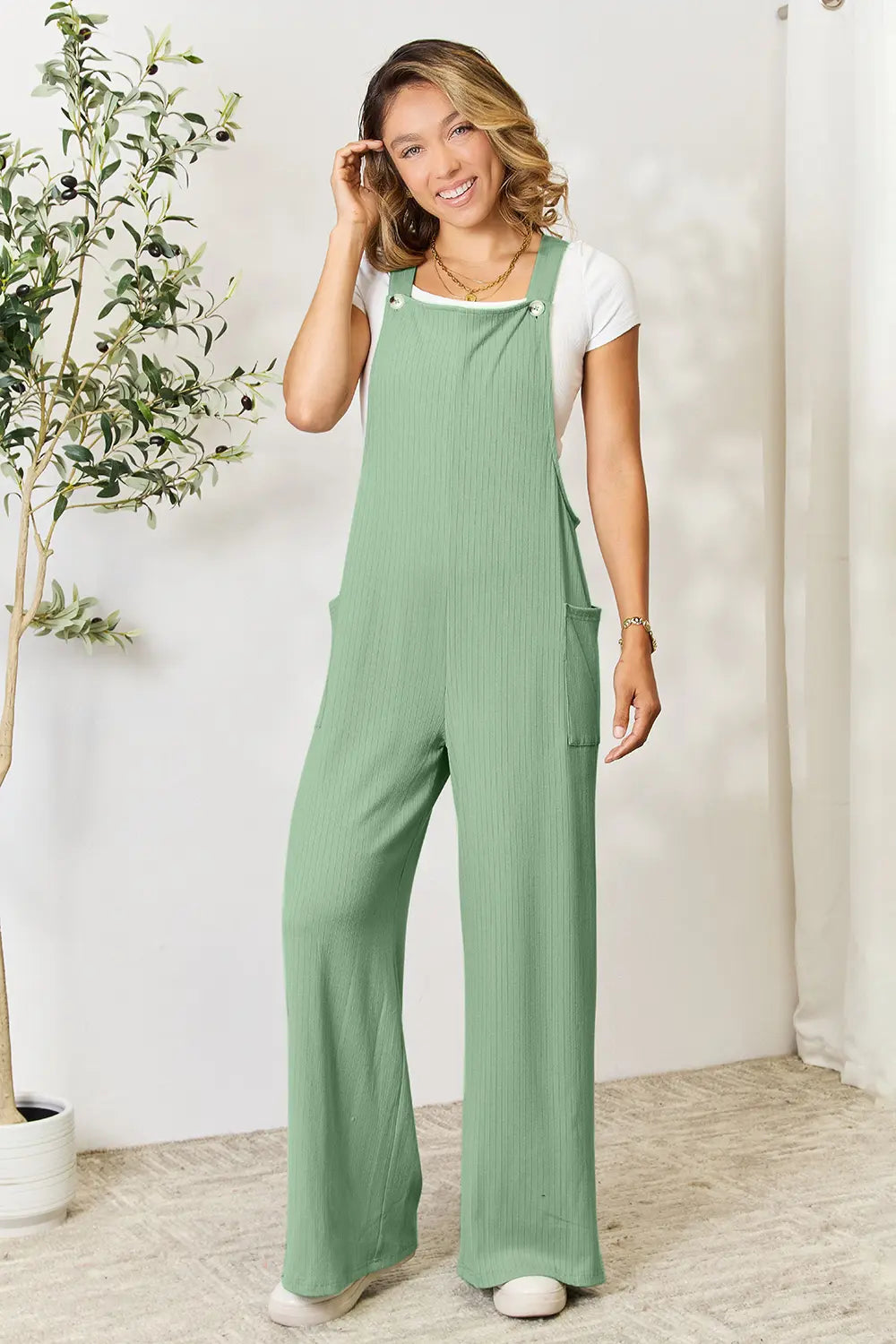 Double Take Full Size Wide Strap Overall with Pockets Gum Leaf 28b1d73863f84e16987deea4ace58c85-Max