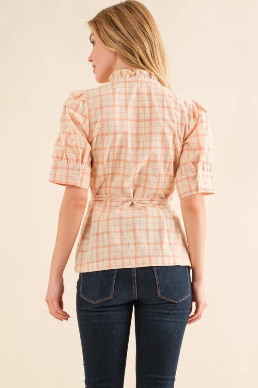 Plaid Ruffled Wrap Peplum Blouse - 100% Cotton Tie Front Top 28b25281970b4d46b5b9d201176219d3-Max-Origin