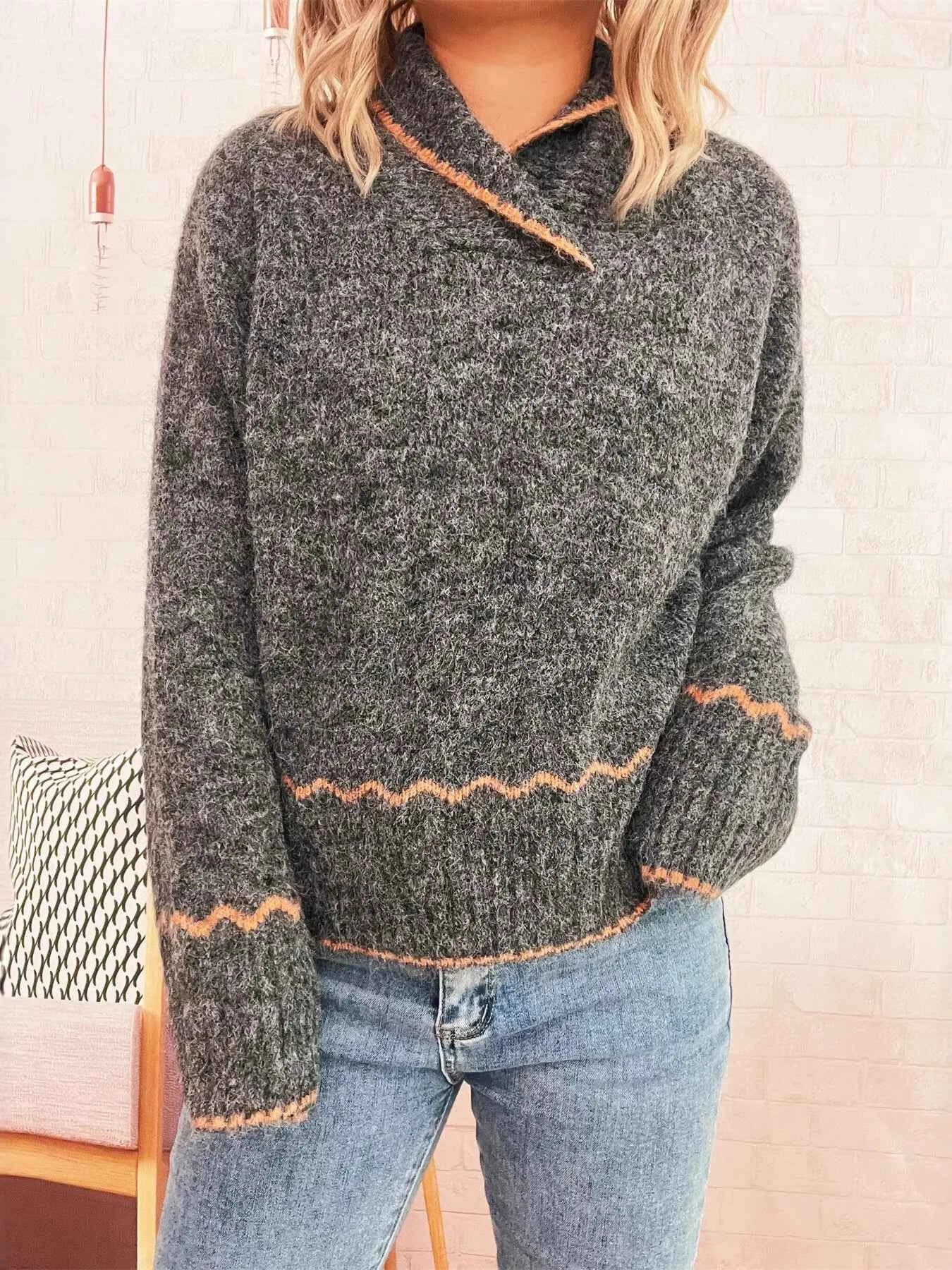 Ribbed Contrast Trim Long Sleeve Sweater Dark Gray One Size 28b3adbcbbbf447299bf1fe697bf94a3-Max-Origin