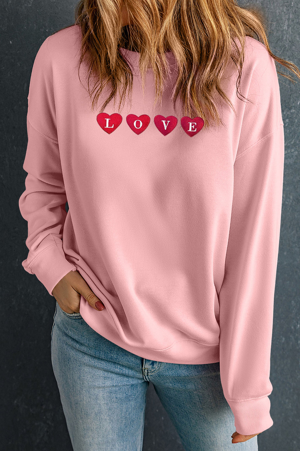 Pink LOVE In Hearts Embroidered Graphic Sweatshirt 28b60aed93cca1ef