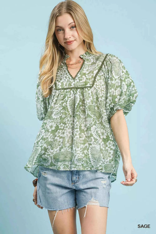 Umgee Abstract Print Ruffled Puff Sleeve Top SAGE 28b758c6-2f30-44be-84a3-cf889c445d1e-Max-Origin