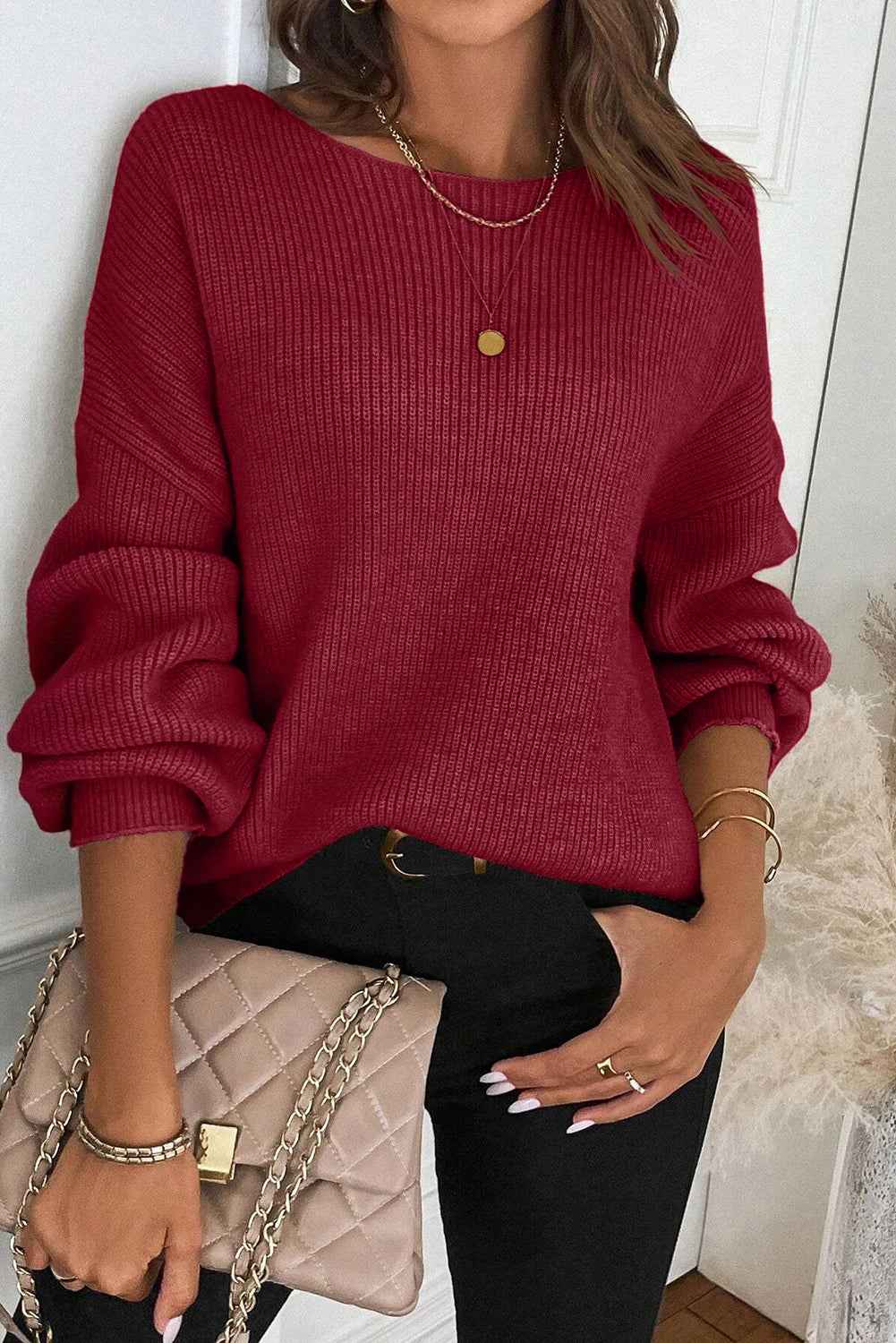 Red Dahlia Ribbed Knit Ribbon Knot Backless Drop Shoulder Sweater 28be5d754a953e20