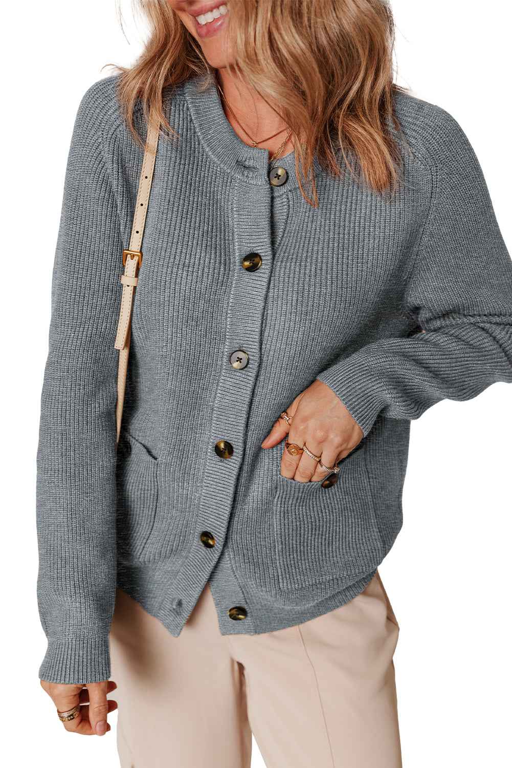 Medium Grey Chunky Buttoned Front Round Neck Cardigan Sweater 28c854f2b28d5f5f